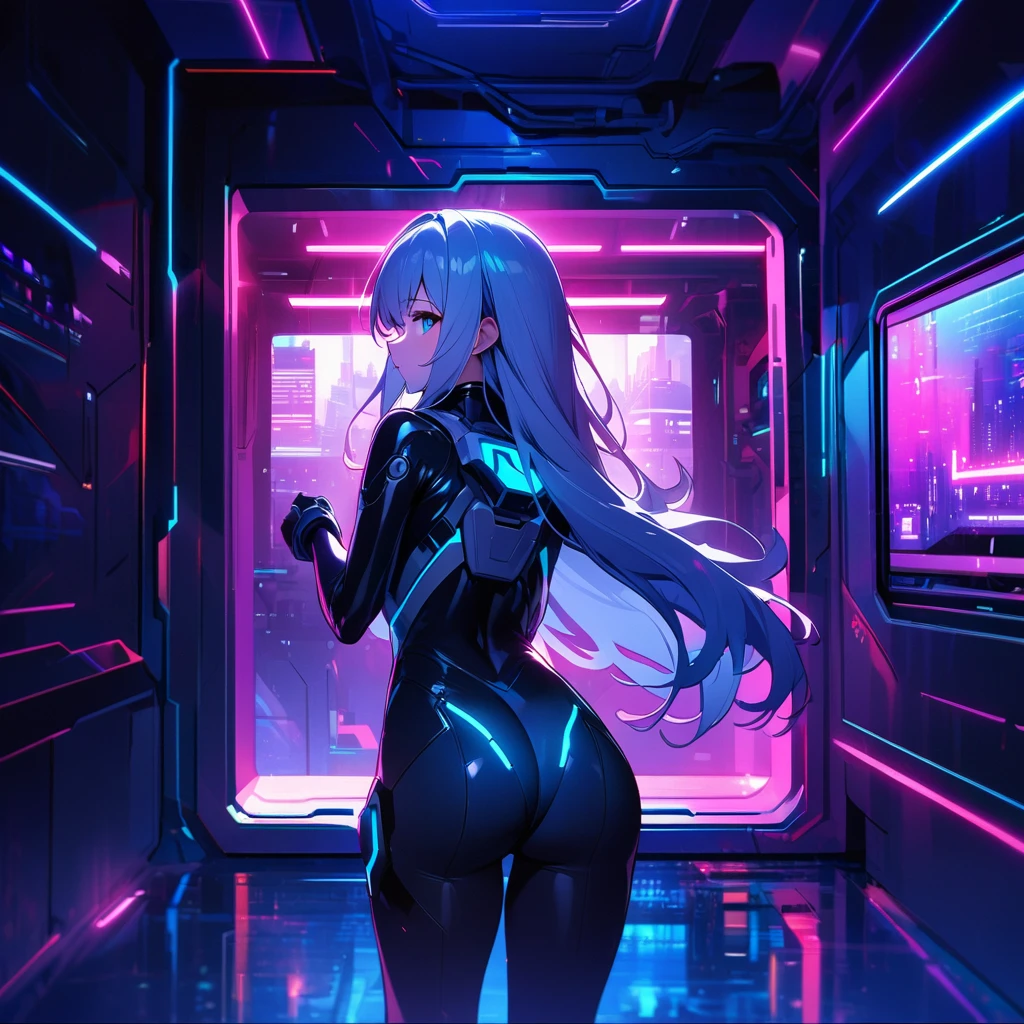 haute qualité, images haute définition, Full HD、
8k.1 fille( cheveux longs blancs),Combinaison pilote futuriste bleue et blanche,yeux bleus,
Dans une cyber salle moderne,Debout à travers la fenêtre,Une ville moderne par la fenêtre, de nombreux projecteurs brillent,tir de cow-boy,Tir par derrière en diagonale