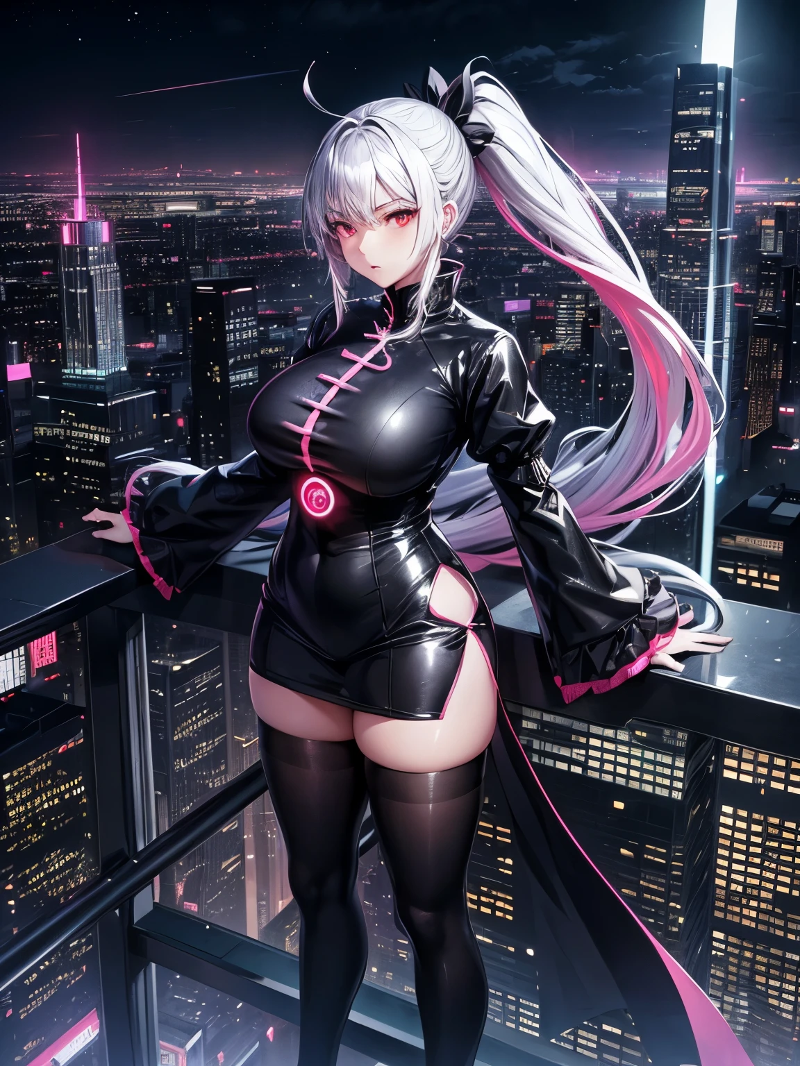 anime, (artwork, best quality, ultra-detailed, high contrast), 1 woman (Alone, full body, plus size body, standing on the edge of the skyscraper, silver hair, LONG In a ponytail, red eyes ruby sparkles, (simple black qipao, black cybernetics with neon pink), transparent black socks), (skyscraper roof, overlooking a city, detailed background ((night time, Darkness, low light pollution)))