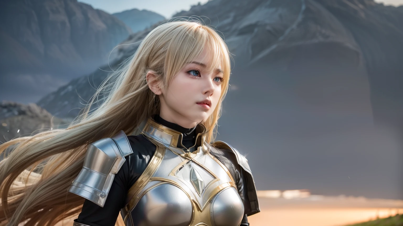 "Step into the world of Konosuba and envision a realistic portrayal of Lalatina, better known as Darkness. Imagine her standing amidst a vast, open field, the golden hues of the sunset casting a warm glow upon her armor-clad figure. Her posture is upright, yet there's a subtle tension in her stance, hinting at a readiness for battle. The intricate details of her armor catch the light, reflecting a sense of resilience and strength. But it's her eyes that draw you in – deep pools of determination, tinged with a hint of vulnerability. As the wind tousles her hair, strands of it dance gently around her face, framing features that speak of both nobility and earnestness. Despite the armor, there's a softness to her expression, a kindness that belies her warrior exterior. In the distance, the faint sounds of nature mingle with the rustle of leaves, creating a serene backdrop to this moment of introspection. You can almost feel the weight of her convictions, the inner conflict between duty and desire, as she gazes into the horizon with unwavering resolve. This portrayal captures Lalatina in a raw, authentic light, transcending the boundaries of animation to evoke a sense of realism and depth to her character." beatiful girl, perfect body, perfect face, perfect eyes, super fine body, super fine eyes, super fine face, perfect mouth, super fine mouth, blonde