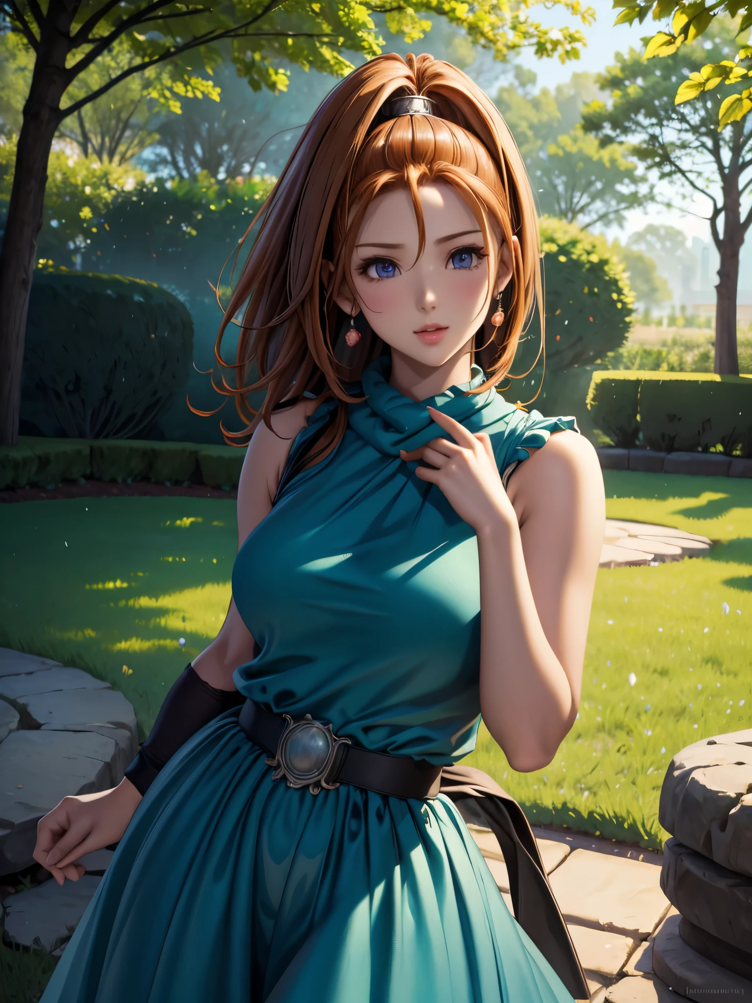 (best quality, 4k, high resolution, masterpiece:1.2), vibrant colors, soft lighting, serene garden, blooming flowers, sunlight filtering through trees, gentle breeze, flowing dress, summer afternoon, expressive hand gestures, natural beauty, daydreaming, peaceful atmosphere, detailed background, intricate patterns, subtle shading, realistic textures, lifelike skin tones, delicate shadows, crisp edges, captivating gaze, cheerful demeanor, youthful energy, harmonious composition, enchanting artwork, mesmerizing realism, delicate brushstrokes, precise details, elegant pose, artistic interpretation, compelling storytelling, emotional depth, timeless elegance, captivating charm.