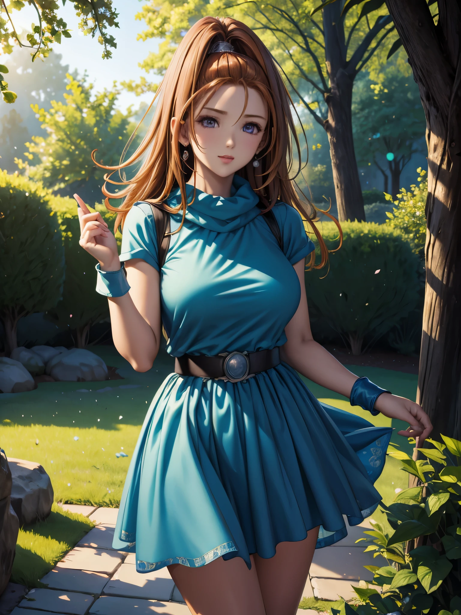 (best quality, 4k, high resolution, masterpiece:1.2), vibrant colors, soft lighting, serene garden, blooming flowers, sunlight filtering through trees, gentle breeze, flowing dress, summer afternoon, expressive hand gestures, natural beauty, daydreaming, peaceful atmosphere, detailed background, intricate patterns, subtle shading, realistic textures, lifelike skin tones, delicate shadows, crisp edges, captivating gaze, cheerful demeanor, youthful energy, harmonious composition, enchanting artwork, mesmerizing realism, delicate brushstrokes, precise details, elegant pose, artistic interpretation, compelling storytelling, emotional depth, timeless elegance, captivating charm