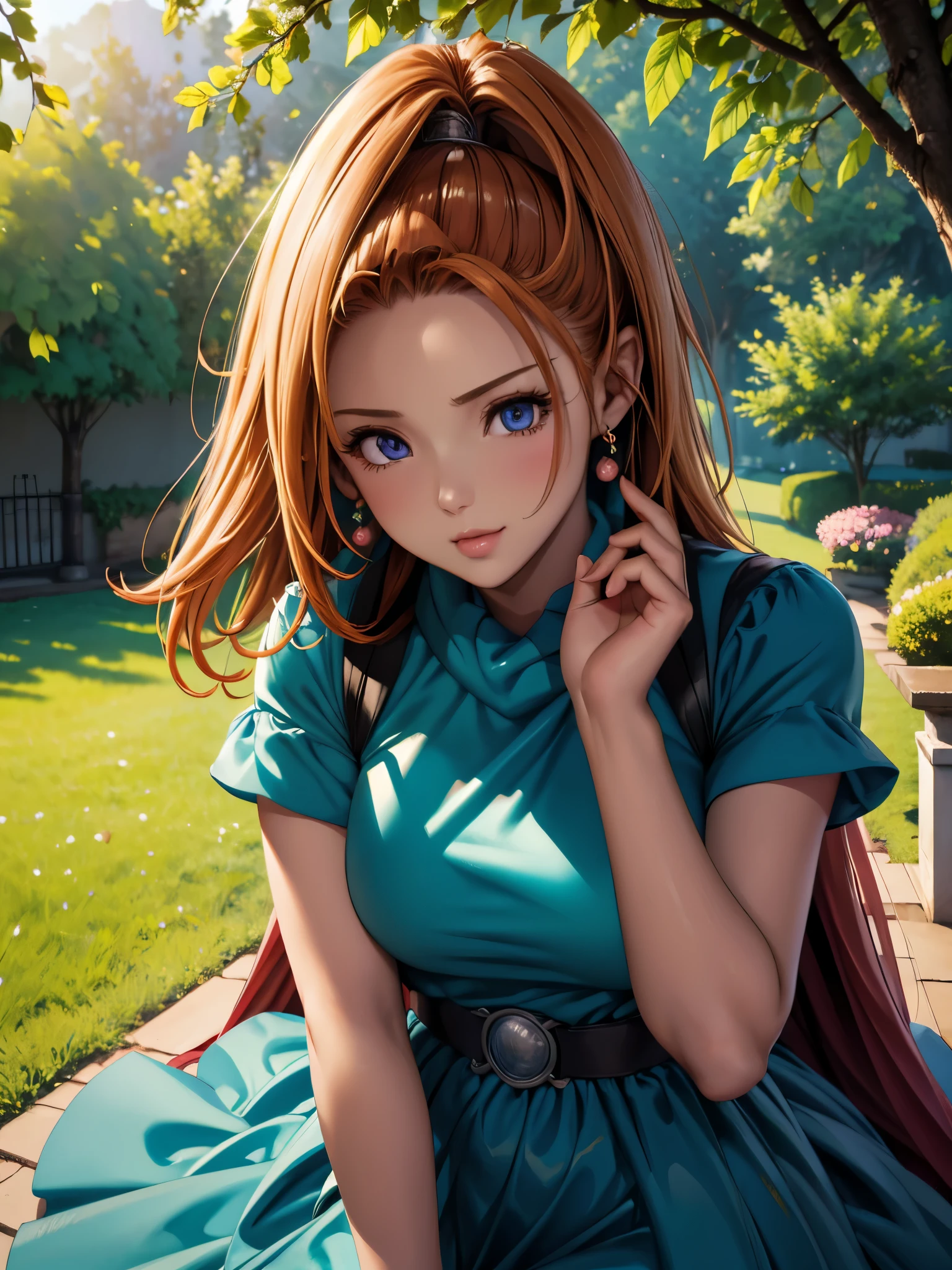(best quality, 4k, high resolution, masterpiece:1.2), vibrant colors, soft lighting, serene garden, blooming flowers, sunlight filtering through trees, gentle breeze, flowing dress, summer afternoon, expressive hand gestures, natural beauty, daydreaming, peaceful atmosphere, detailed background, intricate patterns, subtle shading, realistic textures, lifelike skin tones, delicate shadows, crisp edges, captivating gaze, cheerful demeanor, youthful energy, harmonious composition, enchanting artwork, mesmerizing realism, delicate brushstrokes, precise details, elegant pose, artistic interpretation, compelling storytelling, emotional depth, timeless elegance, captivating charm