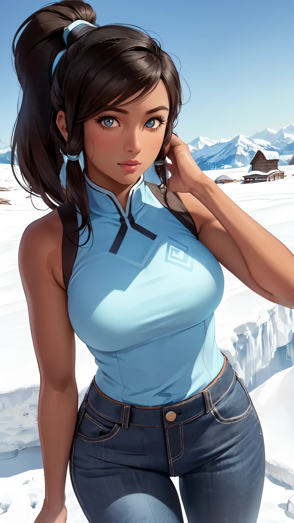 (korra:1.2), muscular woman, (ponytail, hair tubes:1.2), sleeveless, bare shoulders, brown hair, blue eyes, dark blue pants, winter background, snow, winter village, (tan skin, dark skin, dark-skinned female:1.5), (realistic:1.2),  (masterpiece:1.2), (full-body-shot:1.2),(Cowboy-shot:1.2), neon lighting, dark romantic lighting, (highly detailed:1.2),(detailed face:1.2), (gradients), colorful, detailed eyes, (detailed landscape:1.2), (natural lighting:1.2),(detailed background), detailed landscape, (cute pose:1.2), solo, close up, 