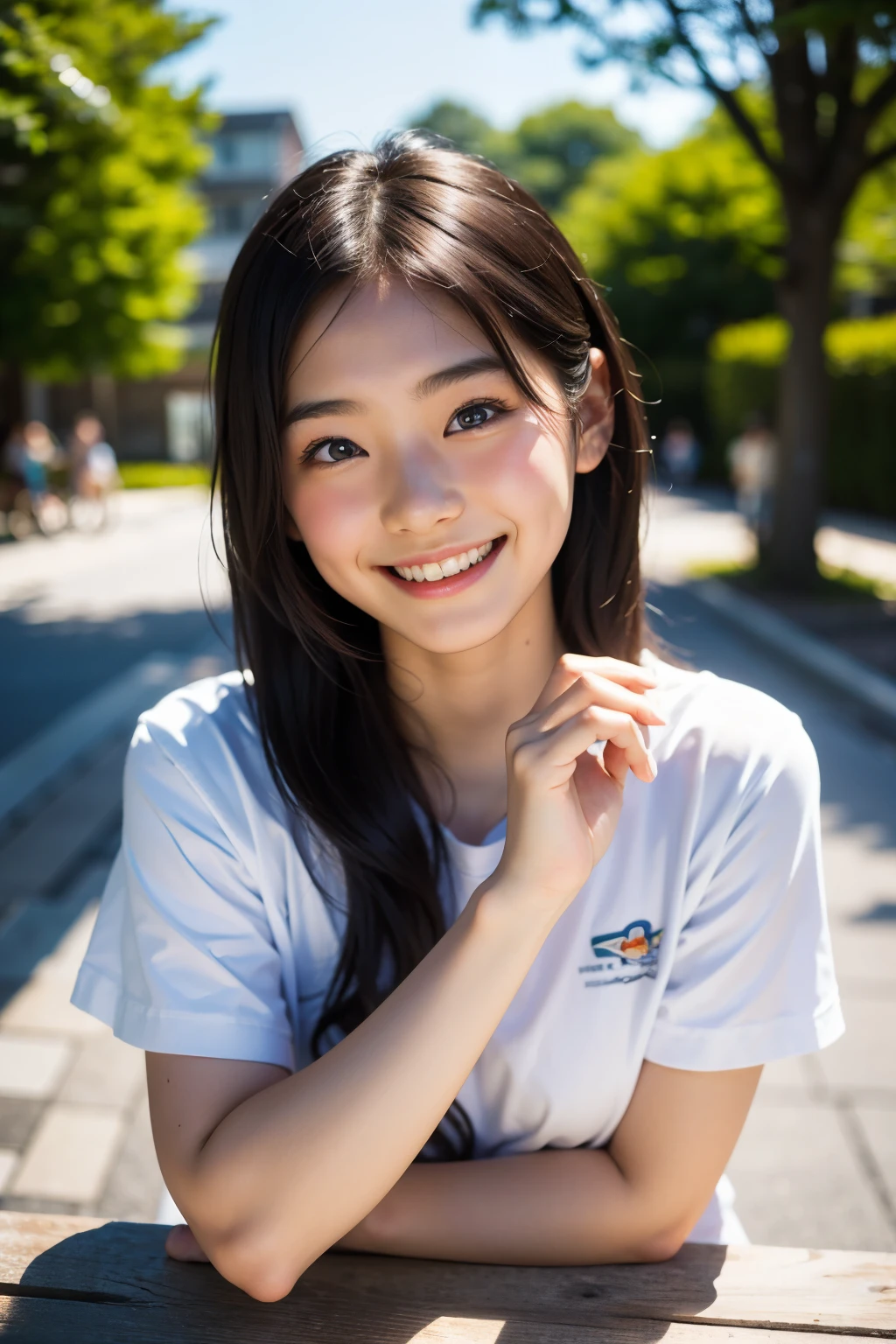 렌즈: 135mm f1.8, (최상의 품질),(RAW 사진), (탁상:1.1), (아름다운 20세 일본 소녀), 귀여운 얼굴, (깊게 파인 얼굴:0.7), (주근깨:0.4), dappled 햇빛, 극적인 조명, (캠퍼스에서), 수줍은, (클로즈업 샷:1.2), (웃다),, (반짝이는 눈)、(햇빛), 검은 셔츠