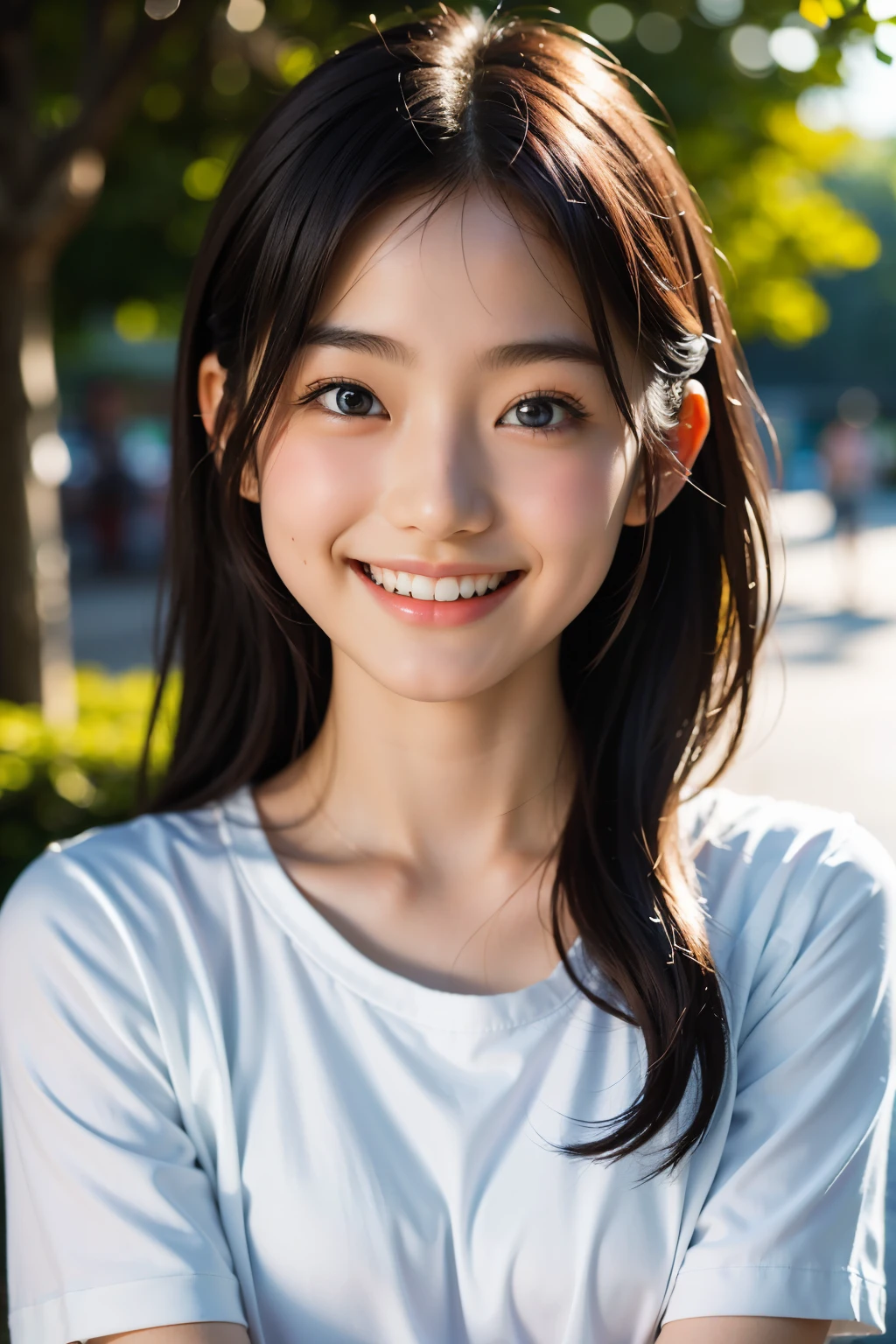 lens: 135mm f1.8, (highest quality),(RAW Photos), (Tabletop:1.1), (Beautiful 20 year old Japan girl), Cute face, (Deeply chiseled face:0.7), (freckles:0.4), dappled sunlight, Dramatic lighting, (On campus), shy, (Close-up shot:1.2), (smile),, (Sparkling eyes)、(sunlight), Black Shirt