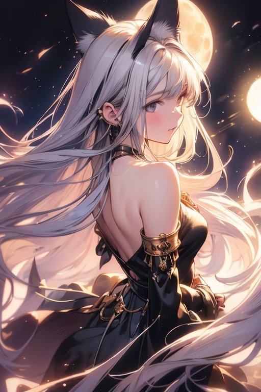 Best image quality, Excellent details, Ultra-high resolution, (realism: 1.4), Best illustrations,Delicate and beautiful features,A very condensed woman,Dog ears,tail,Silver long hair,Anime Style,Fantasy,The background is a full moon and wilderness,Vision,wide aperture,Unreal 5,Scattered beneath the surface