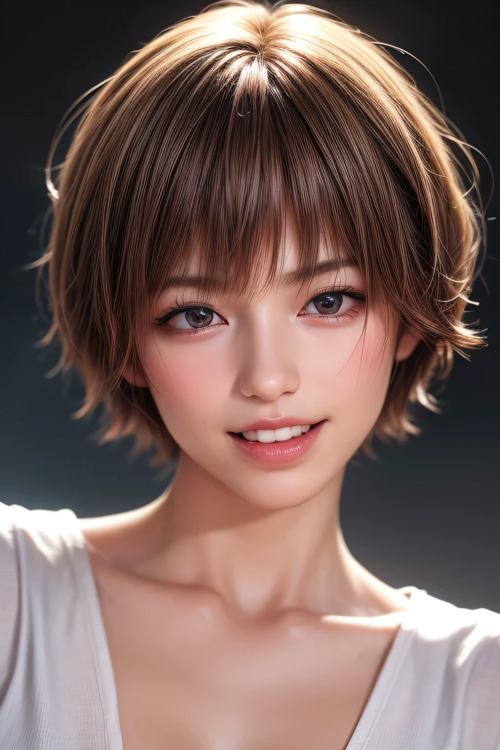 (NSFW:-1), (masterpiece:1.3), (8k, photorealistic, RAW photo, best quality: 1.4), 
cinematic lighting, 
(1boy), beautiful face, (realistic face), 
beautiful hairstyle, (short hair :1.5),
realistic eyes, beautiful detailed eyes, 
(realistic skin), beautiful skin, 
(blouse), 
absurdres, attractive, 
ultra high res, ultra realistic, highly detailed, 
golden ratio,  big smiling, teeth out,
