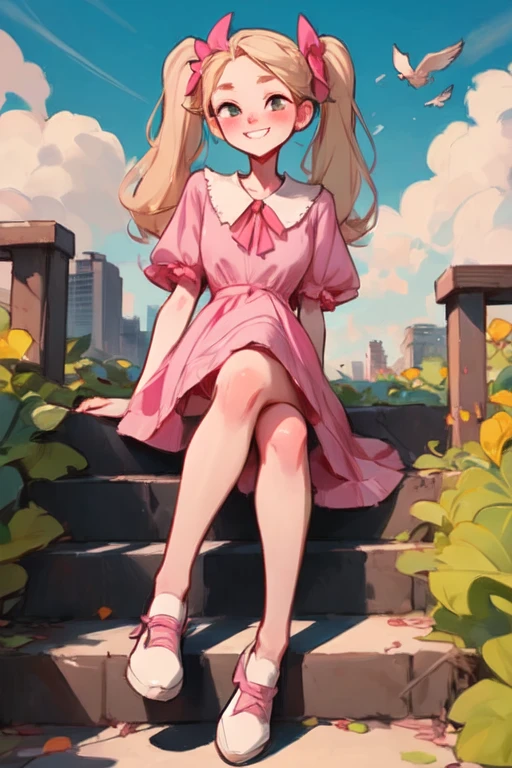 Helga, Blonde, Floating Hair, Iris, Twin tails, One eyebrow, Hair Bow, White shirt, Pink Dress, White shoes, View your viewers, Severe, Grin, Sitting, Crossing your legs, from_Under, At the top of the stairs, outside, city, cloudy, high quality, masterpiece 