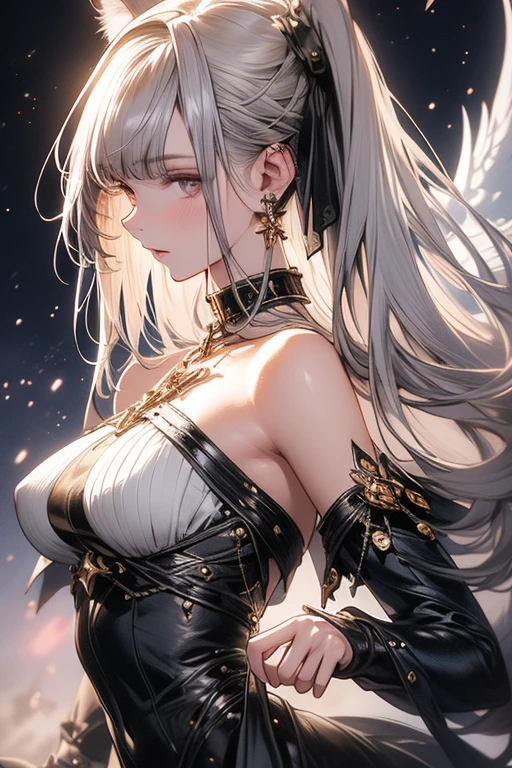 Best image quality, Excellent details, Ultra-high resolution, (realism: 1.4), Best illustrations,Delicate and beautiful features,Line art, Detailed face, Sharp eyes, Detailed lips,A very condensed woman,Dog ears,tail,Silver Hair,High Ponytail,Anime Style,Fantasy,The background is a full moon and wilderness,Vision,wide aperture,Unreal 5,Scattered beneath the surface,Low angle full body shot