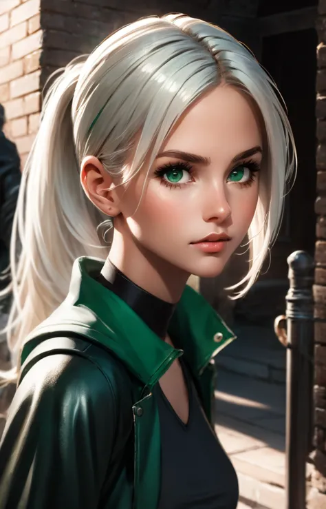 masterpiece, best quality, ultra-detailed, illustration, 1girl, cirilla, white hair, tied in ponytail,emerald green eyes, (close...
