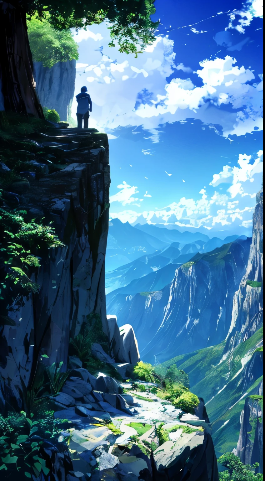 Il y a un homme debout sur un rocher regardant les montagnes., au sommet d&#39;une montagne, au sommet d&#39;une montagne, en regardant les montagnes, au sommet d&#39;une montagne, dans les montagnes, debout au sommet d'une montagne poussiéreuse, un homme debout dos tourné, debout seul, debout sur la montagne, assis sur des rochers, high dans les montagnes(un homme admirant une vue verdoyante)(ciel bleu brillant)(effet borké)