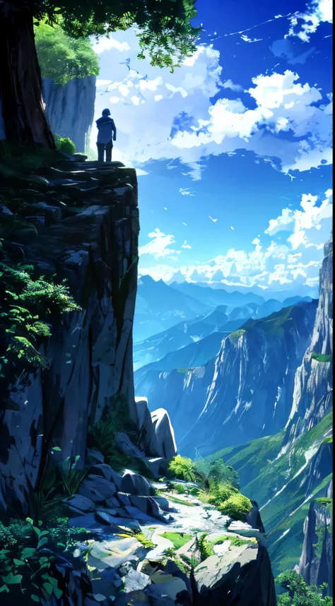 there is a guy standing on a rock looking out over the mountains, on the top of a mountain, on top of a mountain, looking at the...