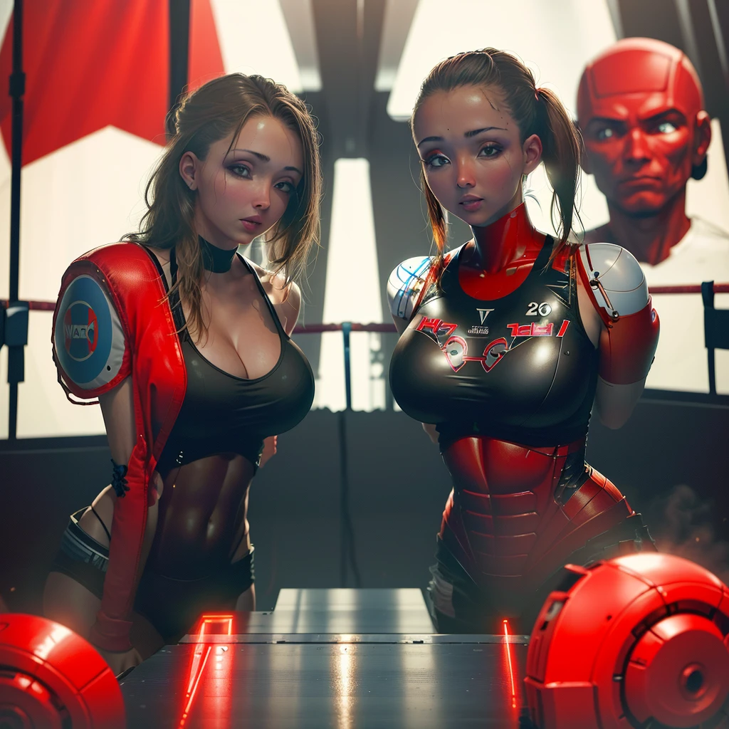 A beautiful woman is in a promotional boxing match against a sparring robot. The robot is very scary and clearly a machine with red glowing eyes