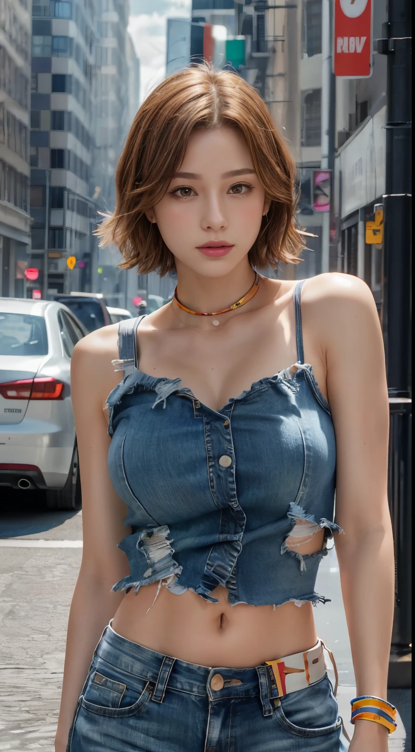 ((Mid-chest, Tomboy,)),  (Trained abdominal muscles : 1.1), (Perfect body : 1.1), (Short Wavy Hair : 1.2) , Auburn Hair, collar, Lock, Full Body Shot, Crowded street, Wearing a tank top, Jeans jacket, (Torn clothes:1.3)((Shorts)), (Very detailed CG 8k wallpaper), (Very delicate and beautiful), (masterpiece), (highest quality:1.0), (ultra High resolution:1.0),  Beautiful lighting ,Perfect Lightning, Realistic Shadows, [High resolution], Detailed skin, Very detailed (((colorful))),High Reality,
