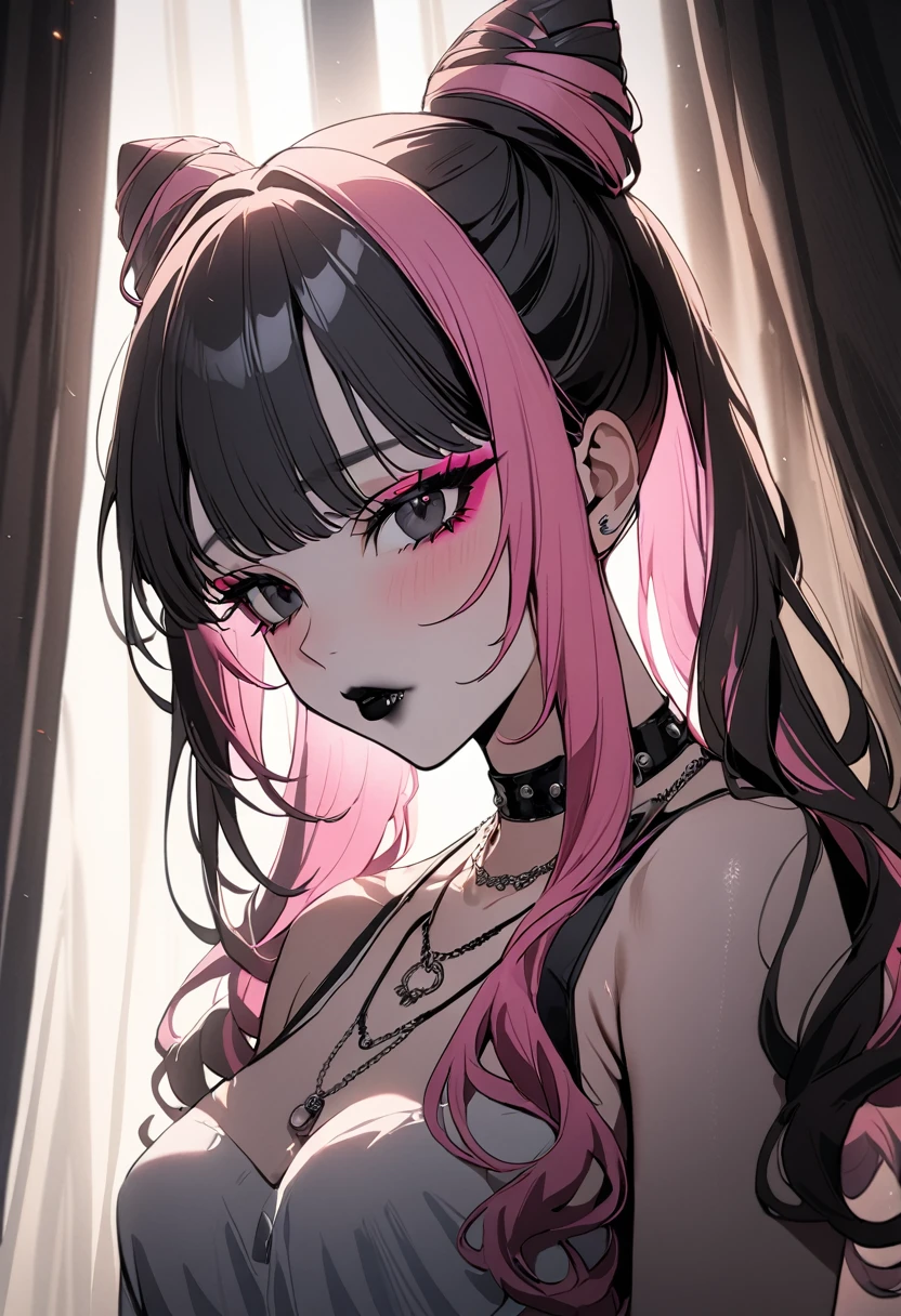 1girl, Holo-Punk Style, black eyes, black hair, black lips, cone hair bun, twin tails, curtains, double bun, hair bun, jewelry, lipstick, long hair, makeup, multicolored hair, necklace, pink hair, solo, upper body, newest, cinematic angle, cinematic lighting, masterpiece, best quality , NSFW、