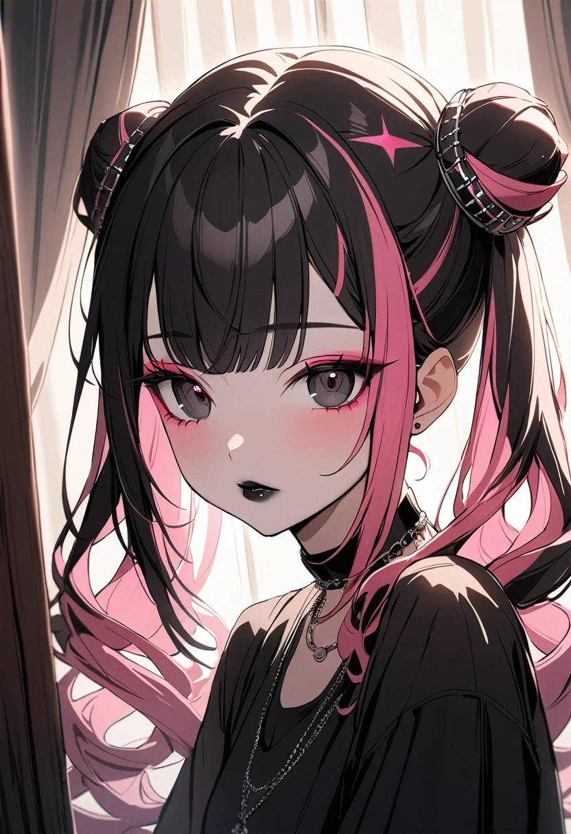 1girl, Holo-Punk Style, black eyes, black hair, black lips, cone hair bun, twin tails, curtains, double bun, hair bun, jewelry, lipstick, long hair, makeup, multicolored hair, necklace, pink hair, solo, upper body, newest, cinematic angle, cinematic lighting, masterpiece, best quality , NSFW、about 14 years old