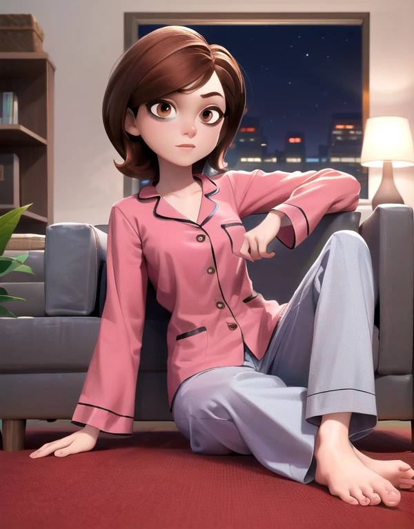 ((best quality)), ((highly detailed)), high colourful, masterpiece, absurdres, (detailed eyes, deep eyes), (1girl), full body}, helenparr, brown hair, brown eyes, shy, grey pajamas , pajamas pants, (indoors, in living room, night), sitting on sofa, Under view, lean back,