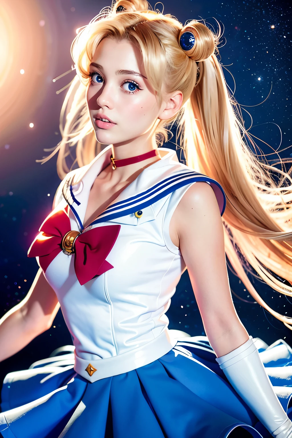 tsukino usagi, (Meisterwerk:1.2), closeup, beste Qualität, ein Mädchen mit dem süßen Gesicht, Porträt eines blonden jungen Mädchens in der Schwerelosigkeit, Sailor Moon, abstrakter Hintergrund, (wunderschönes, besonders detailreiches blondes Haar:0.8), Sailor Moon uniform, blauer Rock, Ellenbogen-Handschuhe, rote Schleife, Weiße Handschuhe, Faltenrock，Mittensymmetrische Komposition，Achsensymmetrische Komposition，Realistisch，Hauttexturen, richtige Anatomie