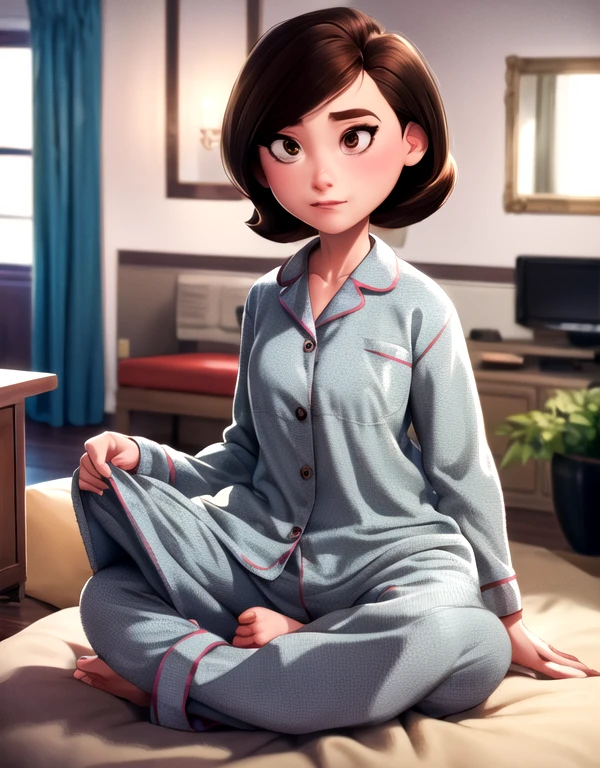 Solo, ((best quality)), ((highly detailed)), high colourful, masterpiece, (detailed eyes, deep eyes), (1woman), full body}, helenparr, brown hair, brown eyes, shy, grey pajamas , pajamas pants, (indoors, in living room, night), sitting on sofa,