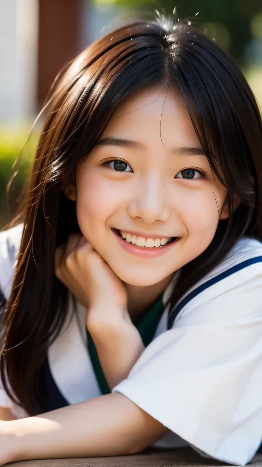 lens: 135mm f1.8, (highest quality),(RAW Photos), (Tabletop:1.1), (beautiful 12 year old japanese girl), Cute face, (Deeply chiseled face:0.7), (freckles:0.4), dappled sunlight, Dramatic lighting, (Japanese School Uniform), (On campus), shy, (Close-up shot:1.2), (smile),, (Sparkling eyes)、(sunlight)