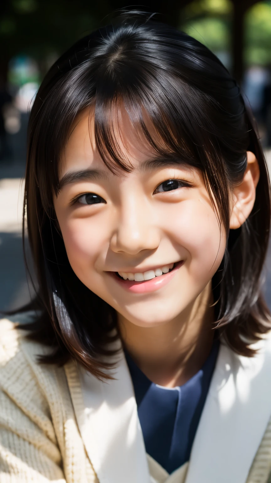 lens: 135mm f1.8, (highest quality),(RAW Photos), (Tabletop:1.1), (beautiful 12 year old japanese girl), Cute face, (Deeply chiseled face:0.7), (freckles:0.4), dappled sunlight, Dramatic lighting, (Japanese School Uniform), (On campus), shy, (Close-up shot:1.2), (smile),, (Sparkling eyes)、(sunlight)