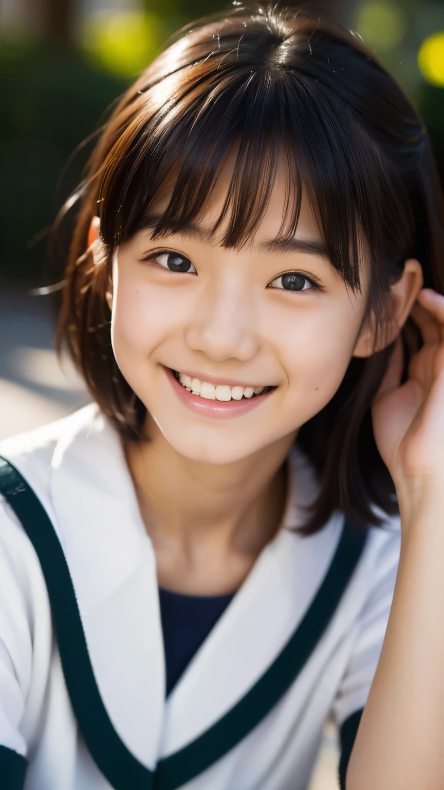 lens: 135mm f1.8, (highest quality),(RAW Photos), (Tabletop:1.1), (beautiful 12 year old japanese girl), Cute face, (Deeply chiseled face:0.7), (freckles:0.4), dappled sunlight, Dramatic lighting, (Japanese School Uniform), (On campus), shy, (Close-up shot:1.2), (smile),, (Sparkling eyes)、(sunlight)