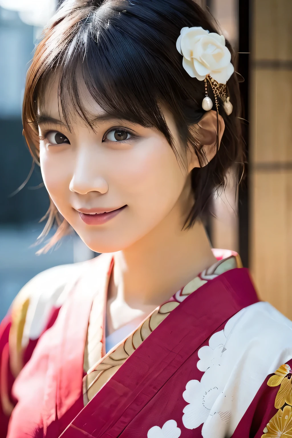 1 girl, (Wearing a red kimono:1.2), Very beautiful Japanese idol portraits, 
(RAW Photos, highest quality), (Realistic, Realistic:1.4), (masterpiece), 
Very delicate and beautiful, Very detailed, 2k wallpaper, wonderful, finely, Very detailed CG Unity 8K wallpaper, Very detailed, High resolution, Soft Light, 
Beautiful detailed girl, Very detailed目と顔, Beautiful and sophisticated nose, Finely beautiful eyes, Cinema Lighting, 
(Kyoto:1.3),
(short hair), (bangs), 
Complete Anatomy, Slender body, Small breasts, smile