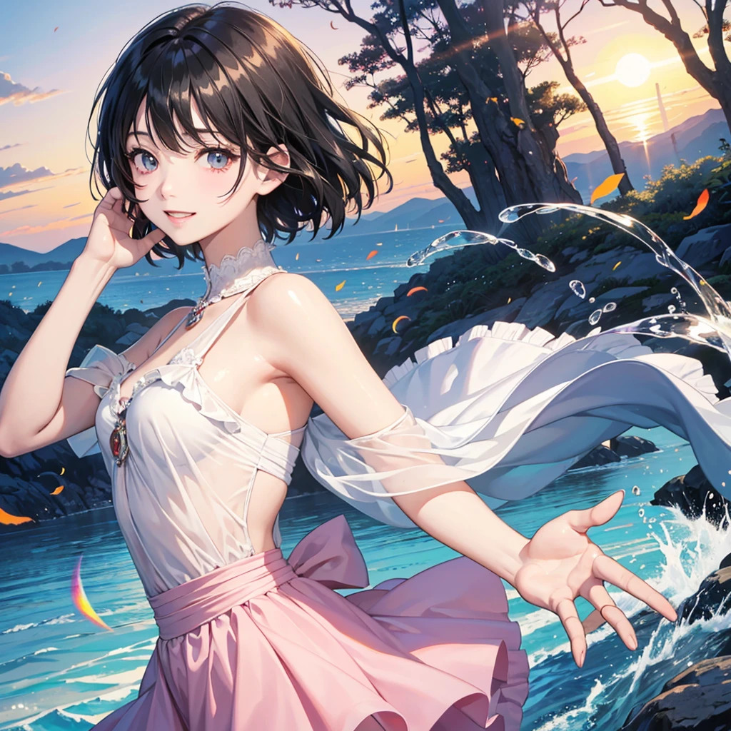 anime、beautiful girl、10 talents、Black Hair、A face that retains its youthfulness、short hair、Her hair is cut short, just short of her shoulders、Bright eyes、Sparkling eyes、Upper Body、A cheerful smile、dancing、Clear water flows like a waterfall、sunrise、rainbow、Fantastic World