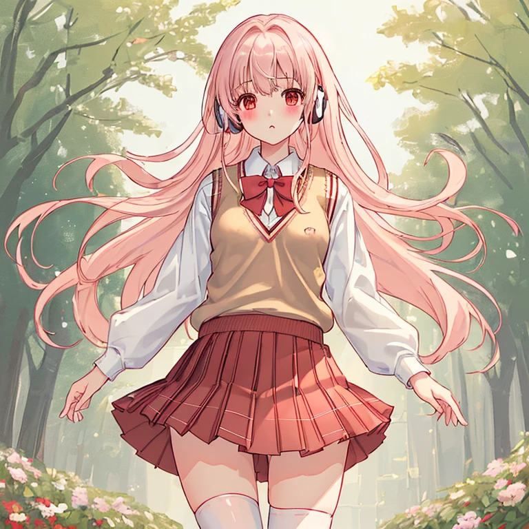 (8k、highest quality、masterpiece:1.2)、Illustration touch、Ultra-detailed、Super A High Resolution、garden、Light pink hair、long hair、Headphones、One woman in uniform、clear、High 、White long sleeve blouseと紺色のSweater vest、White long sleeve blouse、Red bow tie、The blouse is all buttoned、紺色のSweater vest、Sweater vest、Red Check Skirt、Red Check Skirt、mini skirt、White knee socks、White Pantyhose、Delicate limbs、Inner thighs、Grab the hem of your skirt、Skirts that turn over in strong winds、White panties、(School uniform:1.4)、Blushing、Embarrassed