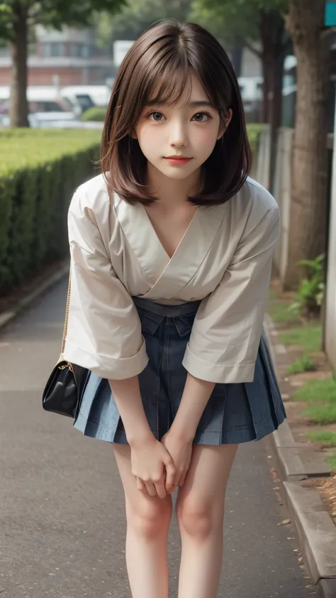 detailed face, cute face,brown eye, ((standing)) , (both hands on knee) , leaning forward , master piece , best quality , highly detailed , (matured female) , japanese