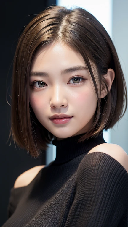 (((Close-up of face)))、(((Absolutely shoulder-length brown straight short bob)))、(((She is posing like a hair salon model, with a black wall indoors as the background.)))、(((Casual black winter long sleeves with shoulders covered)))、Half Japanese, half Korean、18 year old girl、Standing Alone、Looking forward、Light eye makeup、Brown Hair Color、Flat and 、Hair blowing in the wind、Actress Quality、Glossy, ultra-realistic face、Smiling face、Watery eyes、Gazing Up、Subtle lighting effects、 Ultra-Realistic Capture、Very detailed、High resolution 16K close up of human skin。Skin texture must be natural、The details must be such that pores can be clearly seen、The skin is healthy、Uniform tone、Use natural light and colors、A worn-out, high-quality photo taken by a model agency&#39;s in-house photographer.、smile、(((SIGMA 300 mm F/1.4,1/1000 sec shutter,ISO 400))) 