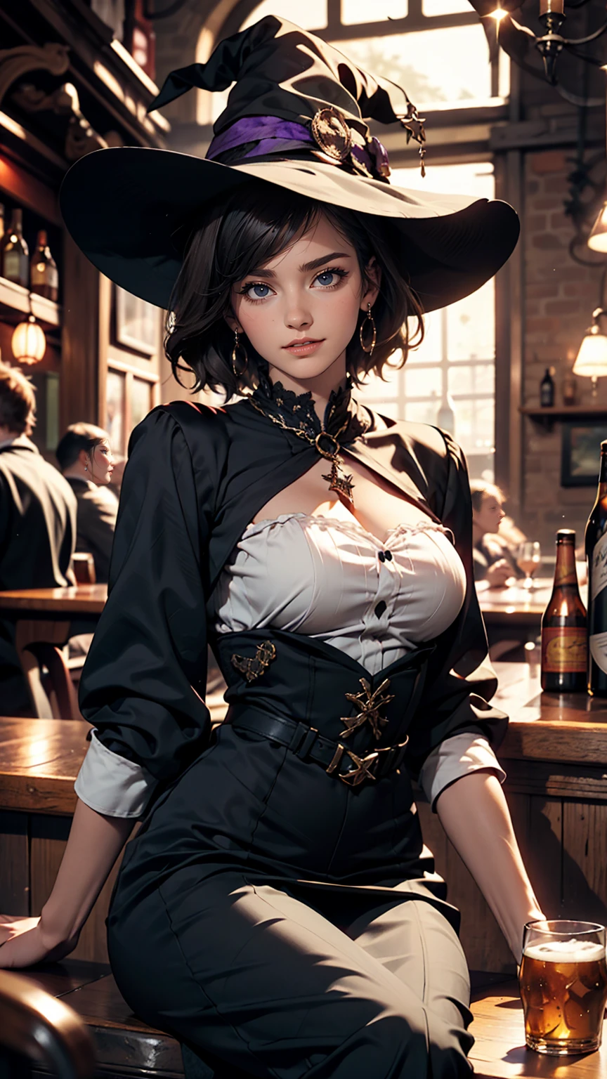 Beautiful witch woman, Short black hair, Purple eyes, Large Breasts, Dressed in witch clothes, Sitting in a pub and smiling, Realistic, Full HD, highest quality