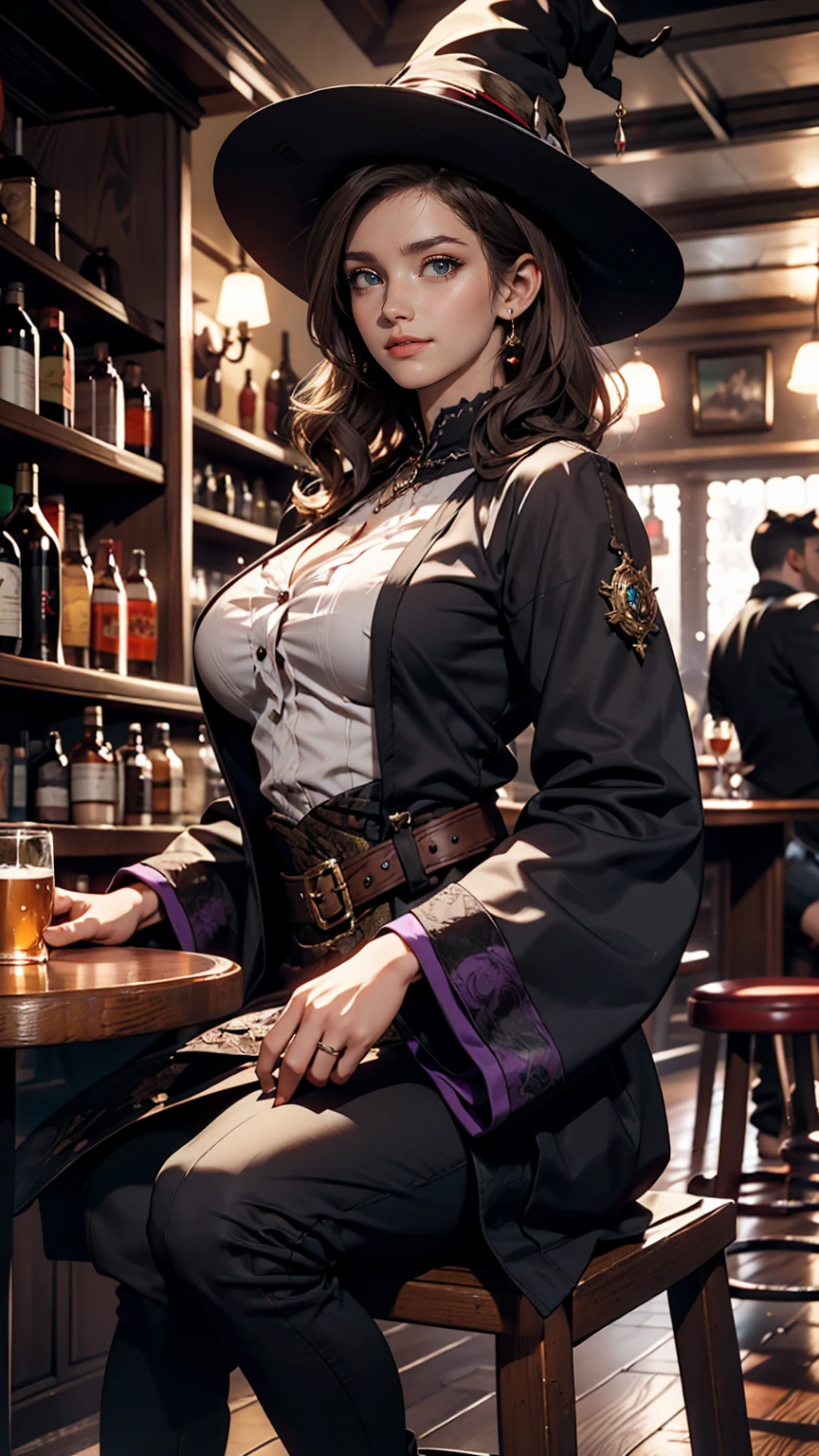 Beautiful witch woman, Short black hair, Purple eyes, Large Breasts, Dressed in witch clothes, Sitting in a pub and smiling, Realistic, Full HD, highest quality