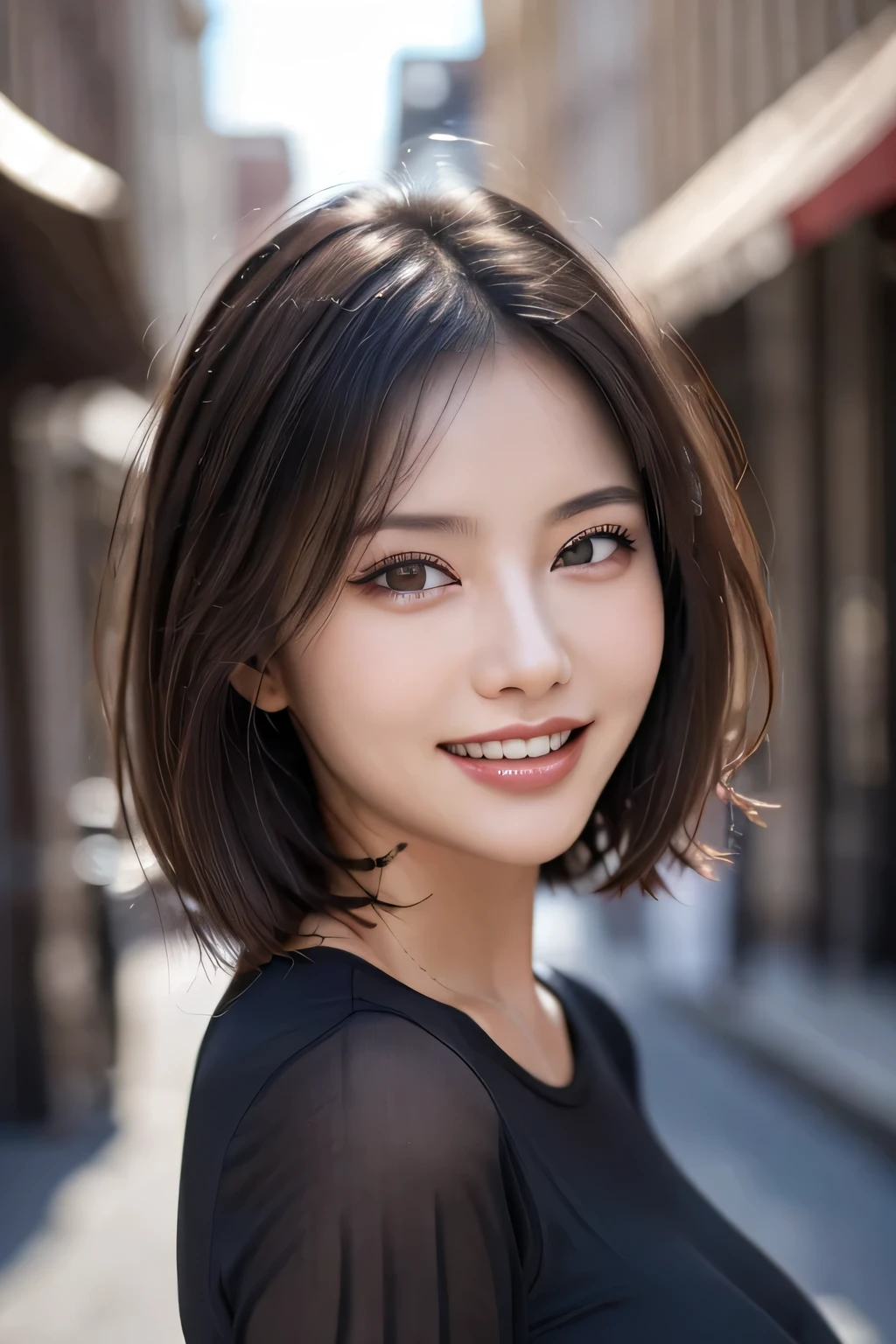 (8k, RAW Photos, highest quality, masterpiece, Realistic, Realistic), (1 female), (Ultimate beauty), Highly detailed face, (Perfect Teeth), Beautiful Eyes, double eyelid, eyelash, smile, Lip details, (Neat brunette bob), The light shines on your face, Big Breasts, ((Colorful mini dresses)), (Front view), (background: none),  Background blur