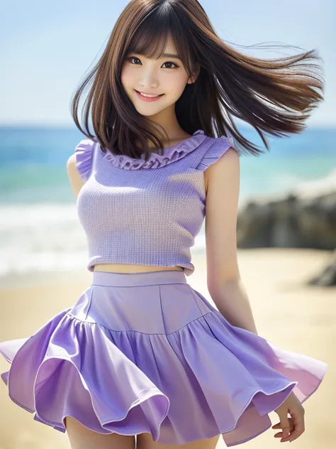 Photo-realistic quality、a close up of a woman in a light purple top and skirt on a beach,  Beautiful Asian Girl, pretty girl,  J...