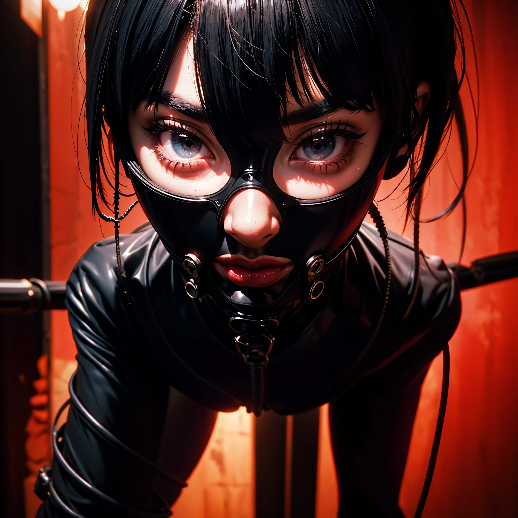 a very beautiful and very thin girl, wears black underwear with tights and latex face mask. Dark room with only red neon lighting. Viele Details, extremely realistic. good quality, 8k