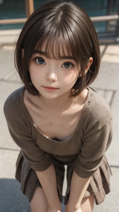 detailed face, cute face,brown eye, ((standing)) , (both hands on knee) , leaning forward , master piece , best quality , highly detailed , (matured female) , extra short hair, sidelocks-hair, japanese