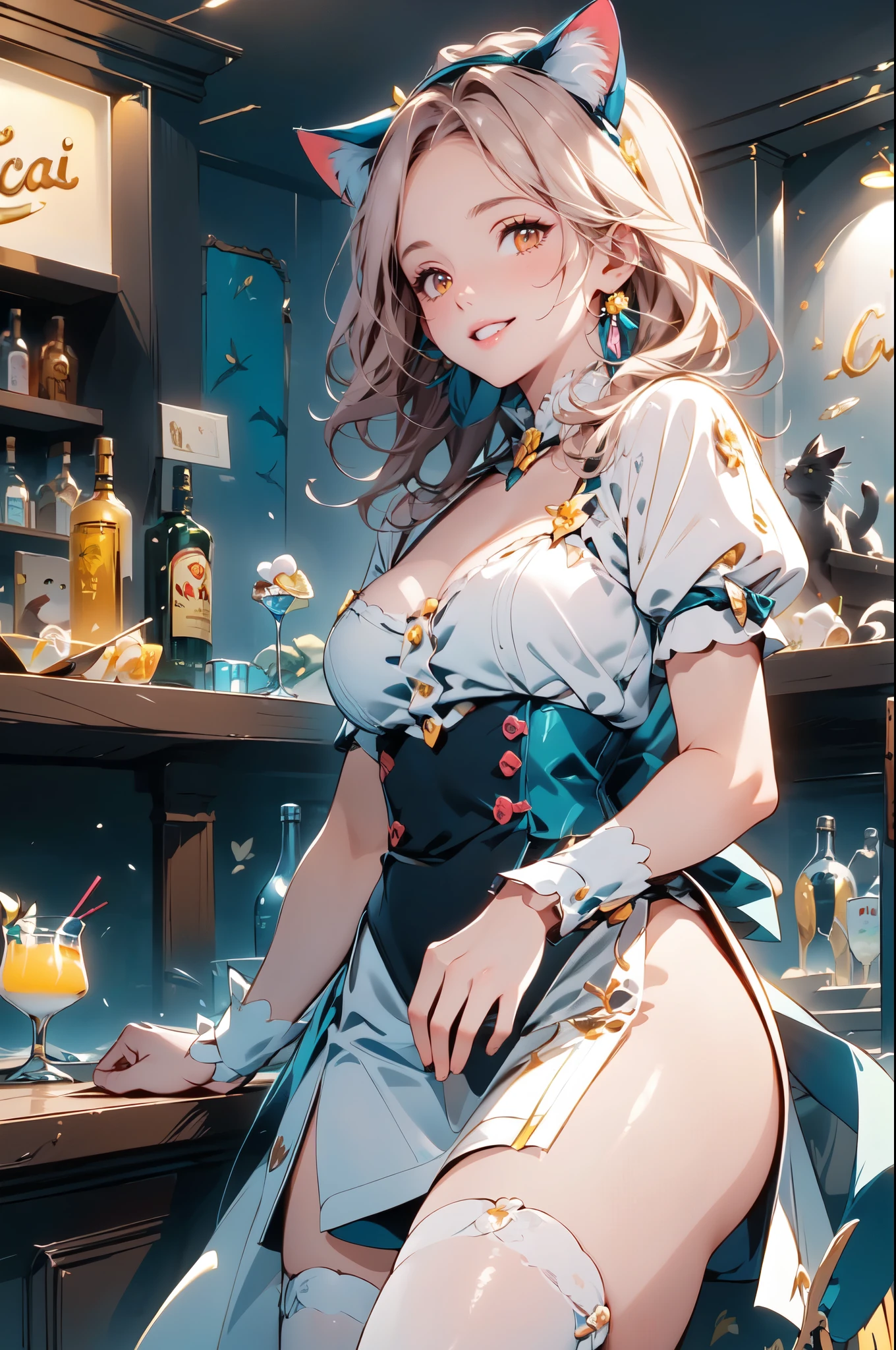 1 pia lady, (holding up cocktail glass) (presenting cocktail glass toward viewers), barman, (black vest over white dress shirt), (Red eyes), atar, elegant suit, mature woman, /(Long black hair with bangs /), (garo ears), friendly smile, (Masterpiece Best Quality:1.2) ultra detailed delicate illustration, medium breasts REST ((Colorful neon signs:1.2 on the wall), (neon tube) resplendent rest (fashion bar counter) inside, ((cocktail glass) full of colorful liquor), (dimly lit room), Liquor bottles, detailed background, ((cat ears))