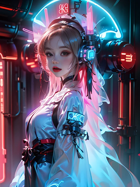 1 Girl Solo, perfection_hand, (8k, RAW Photos, highest quality, masterpiece:1.2), (Realistic, photo-Realistic:1.4), (Highly detailed CG Unity 8k wallpaper),whole body, (Neon Light:1.2), Machopp, Mechanical arms,Mecha, Hanfu, Chinese clothing, dress,