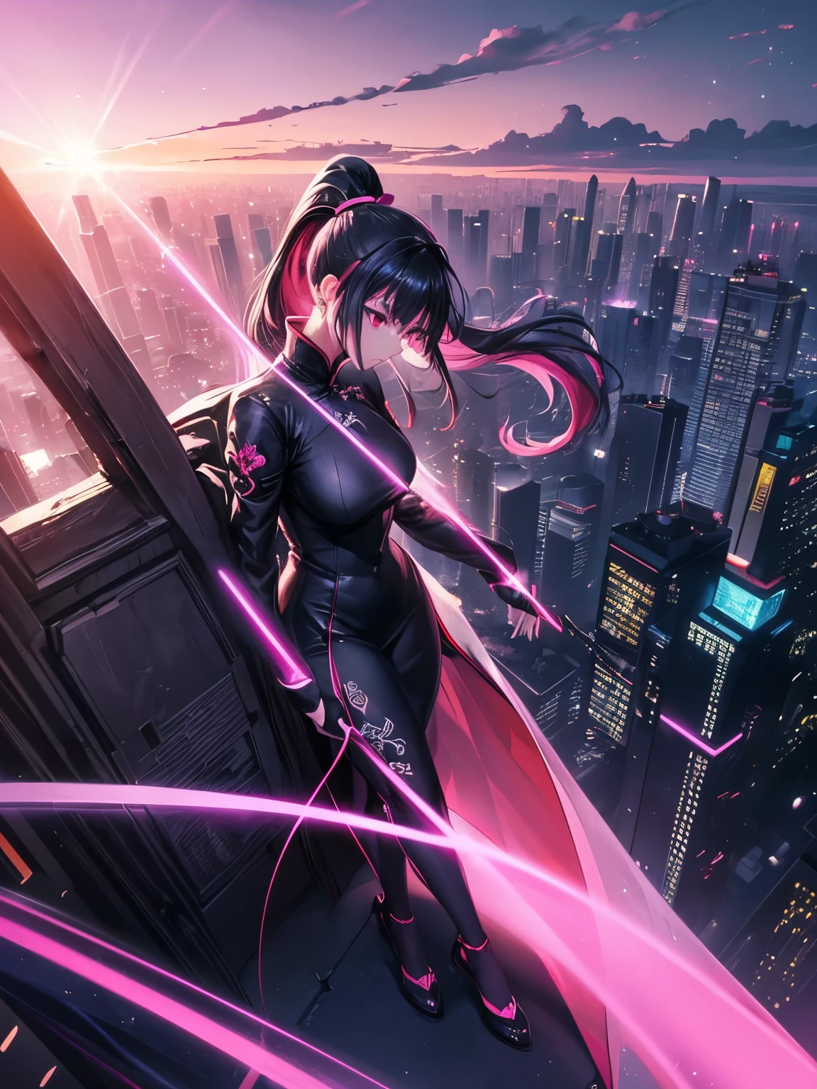 anime, (artwork, best quality, ultra-detailed, high contrast), 1 woman (Alone, full body, plus size body, standing on the edge of the skyscraper, silver hair, LONG In a ponytail, red eyes ruby sparkles, (simple black qipao, black cybernetics with neon pink), transparent black socks), (skyscraper roof, overlooking a city, detailed background ((night time, Darkness, low light pollution)))