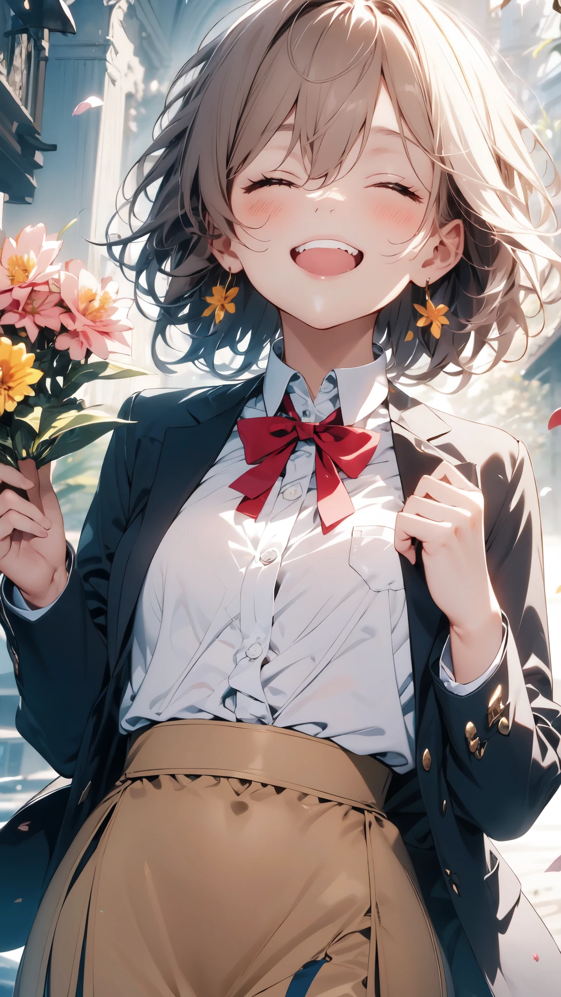 (masterpiece:1.2), best quality, centered, cozy anime, open mouth, smile, closed eyes, multiple girls, flower, holding, blush, bouquet, holding bouquet, brown hair, bangs, ^_^, shirt, long hair, facing viewer, star hair ornament, multiple boys, braid, star (symbol), :d, ribbon, bow, collared shirt, ahoge, teeth, hair ornament, black hair, white shirt, jacket, confetti, swept bangs, orange flower, upper body, long sleeves, bowtie, upper teeth only, blurry, yellow flower, blazer, happy, pink flower, virtual youtuber, neck ribbon, red bow, grin, white flower, solo focus, ^o^, blue bow, , red ribbon, blue ribbon, depth of field, backlighting, round teeth, hands up, sunglasses, open clothes, red bowtie, wing collar, hair between eyes
