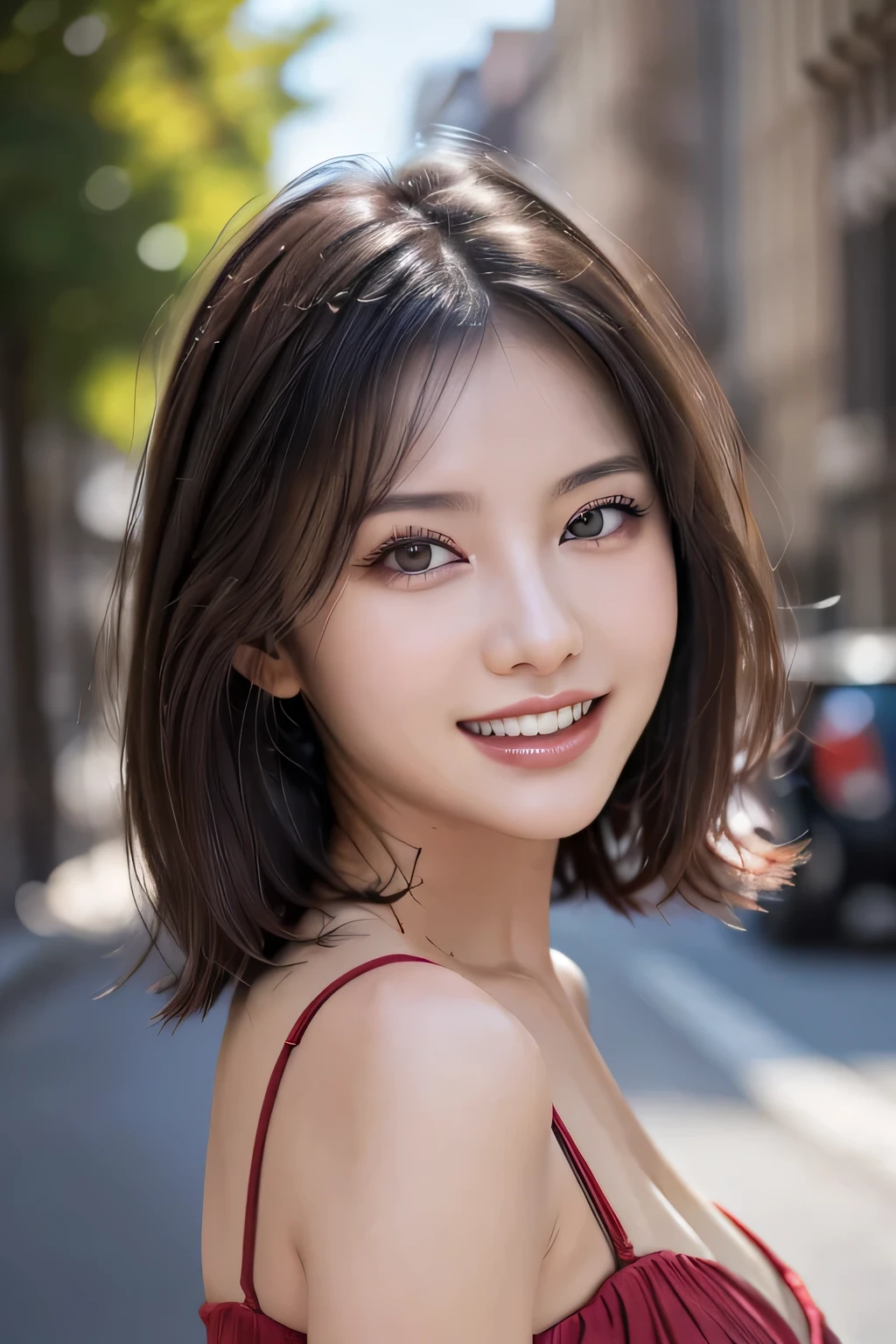 (8k, RAW Photos, highest quality, masterpiece, Realistic, Realistic), (1 female), (Ultimate beauty), Highly detailed face, (Perfect Teeth), Beautiful Eyes, double eyelid, eyelash, smile, Lip details, (Neat brunette bob), The light shines on your face, Big Breasts, ((Colorful mini dresses)), (Front view), (background: none),  Background blur