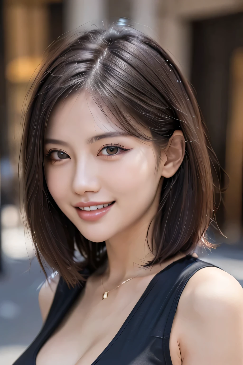 (8k, RAW Photos, highest quality, masterpiece, Realistic, Realistic), (1 female), (Ultimate beauty), Highly detailed face, (Perfect Teeth), Beautiful Eyes, double eyelid, eyelash, smile, Lip details, (Neat brunette bob), The light shines on your face, Big Breasts, ((Colorful mini dresses)), (Front view), (background: none),  Background blur