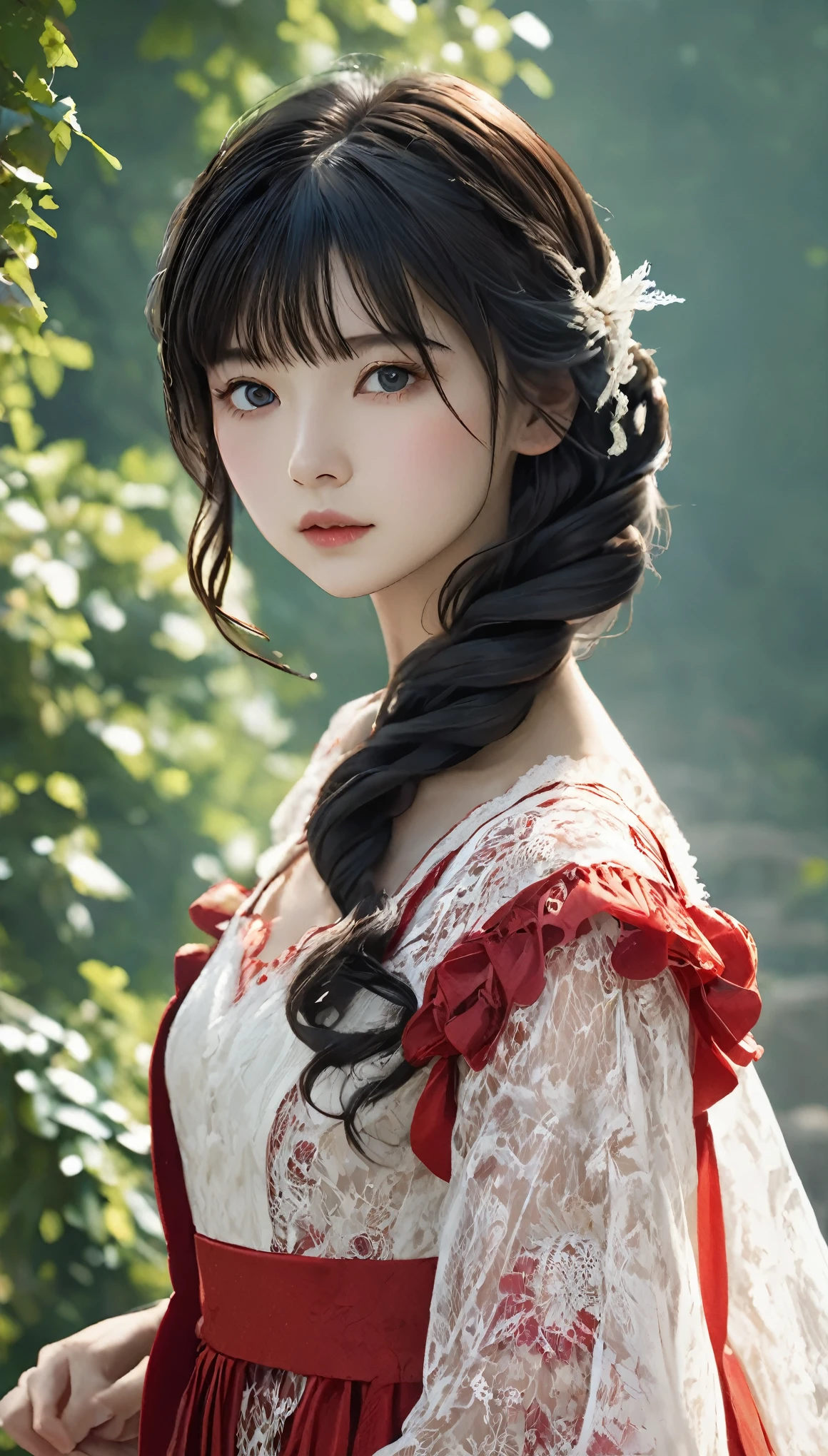 Female Adventurer, whole body, Game Art Style, (masterpiece),  highest quality, High resolution, 4K, 8k, Detail View, Intricate details, Cinema Lighting, Great quality, 1 girl、Elegant red and white lace style dress、A red and white line dress made of intricate and artistic lace、Pretty dress、Super Luxury Dresses、Beautiful black hair, Great shade, Soft lighting, Facing camera, Perfect Eyes