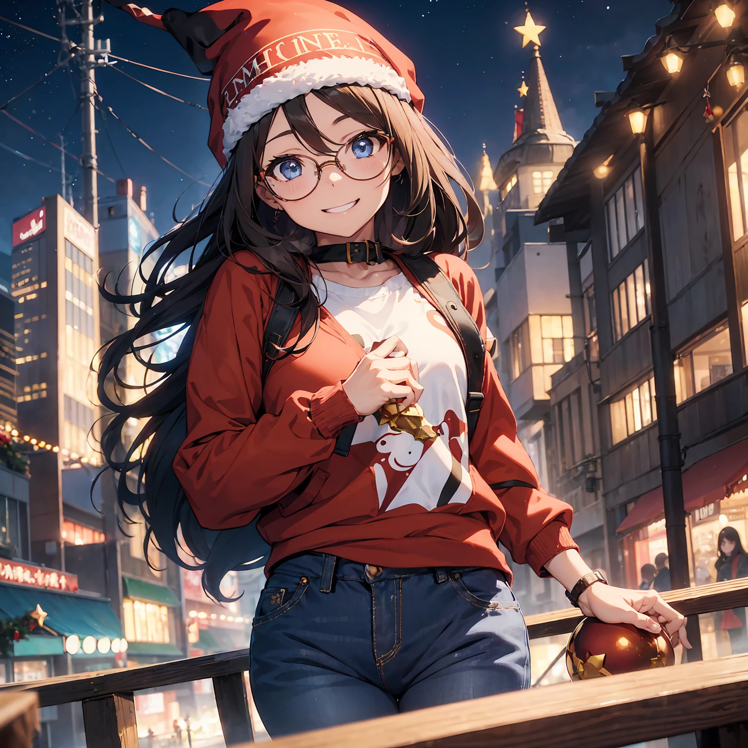 Middle-aged woman in anime style (brown shoulder-length hair, blue eyes, clear forehead, black glasses, smiling, black hoodie, jeans, red Christmas hat) holding a golden bell. Christmassy. Winter city in the background