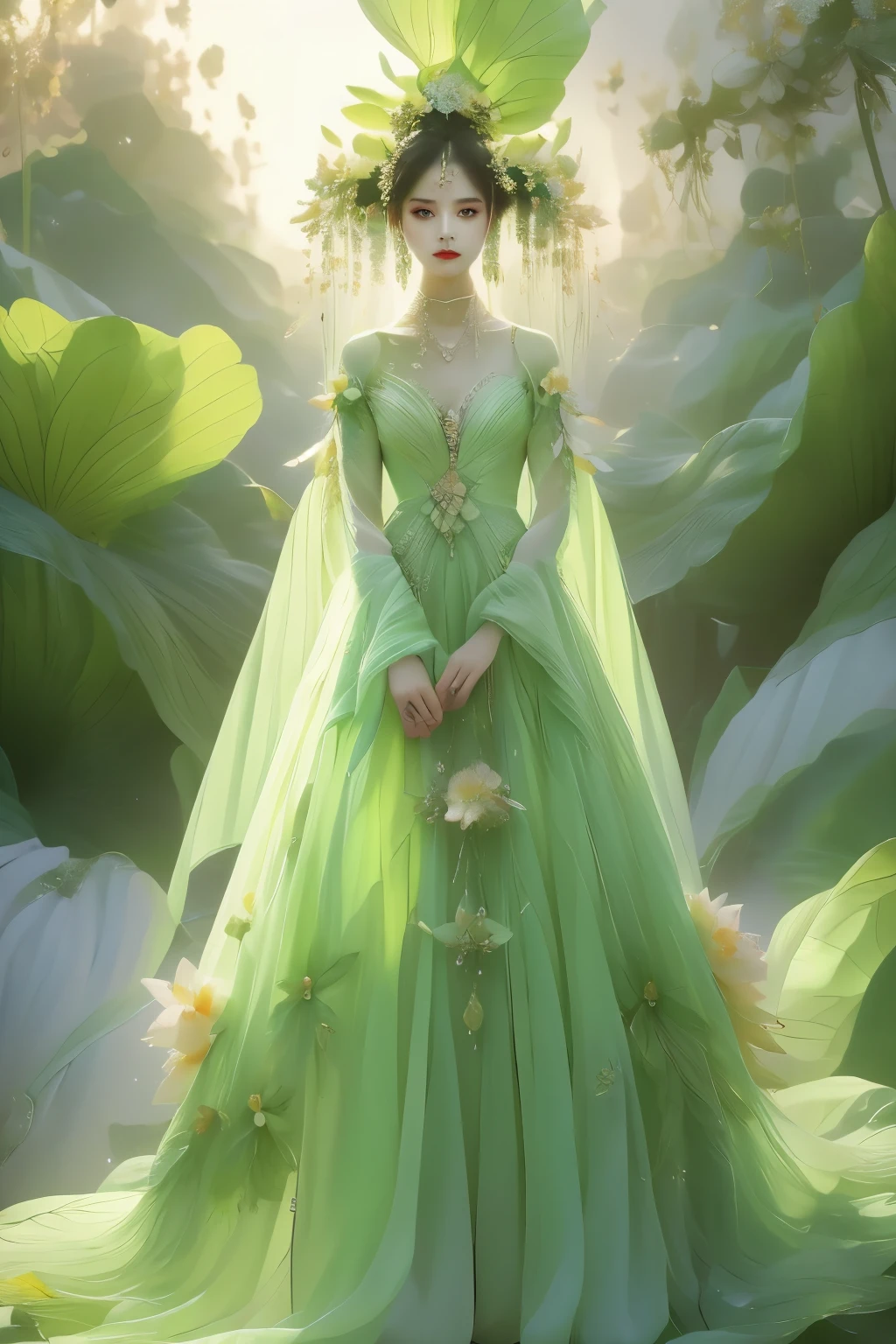 An enchanting humanoid-style plant creature in full bloom, standing upright. It has an overall green body color, with a flower-like structures sprouting around its head. The head is adorned with leaf-like extensions fashioned like a headband. It flaunts a skirt-like structure at its lower half resembling petals of a flower, the array of colors ranges from light green to dark green. Its arms, delicate and slim, end in leafy shapes instead of hands. It also exhibits a pair of oval shaped deep red eyes full of expression adding to its captivating aura.