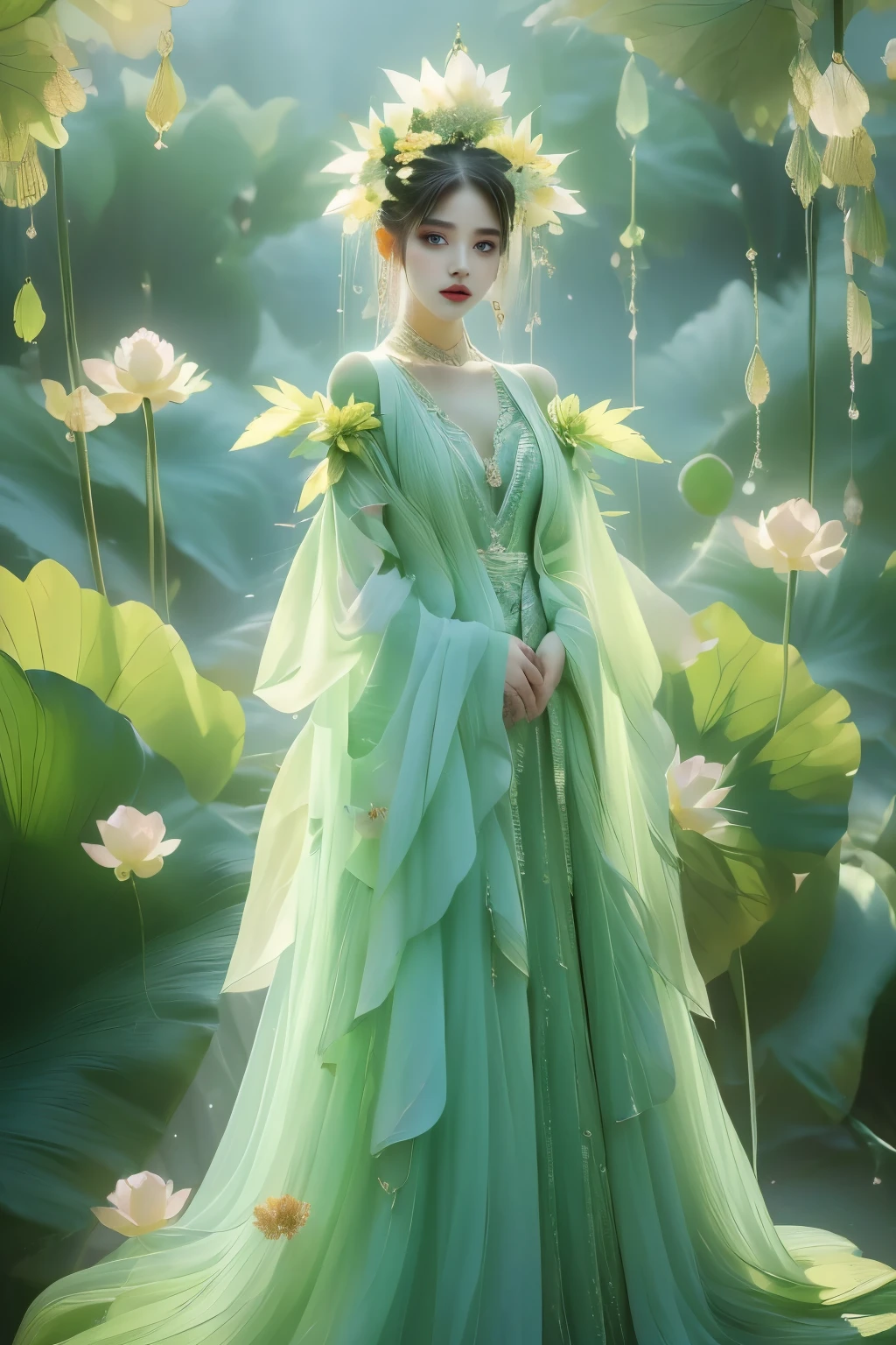 An enchanting humanoid-style plant creature in full bloom, standing upright. It has an overall green body color, with a flower-like structures sprouting around its head. The head is adorned with leaf-like extensions fashioned like a headband. It flaunts a skirt-like structure at its lower half resembling petals of a flower, the array of colors ranges from light green to dark green. Its arms, delicate and slim, end in leafy shapes instead of hands. It also exhibits a pair of oval shaped deep red eyes full of expression adding to its captivating aura.