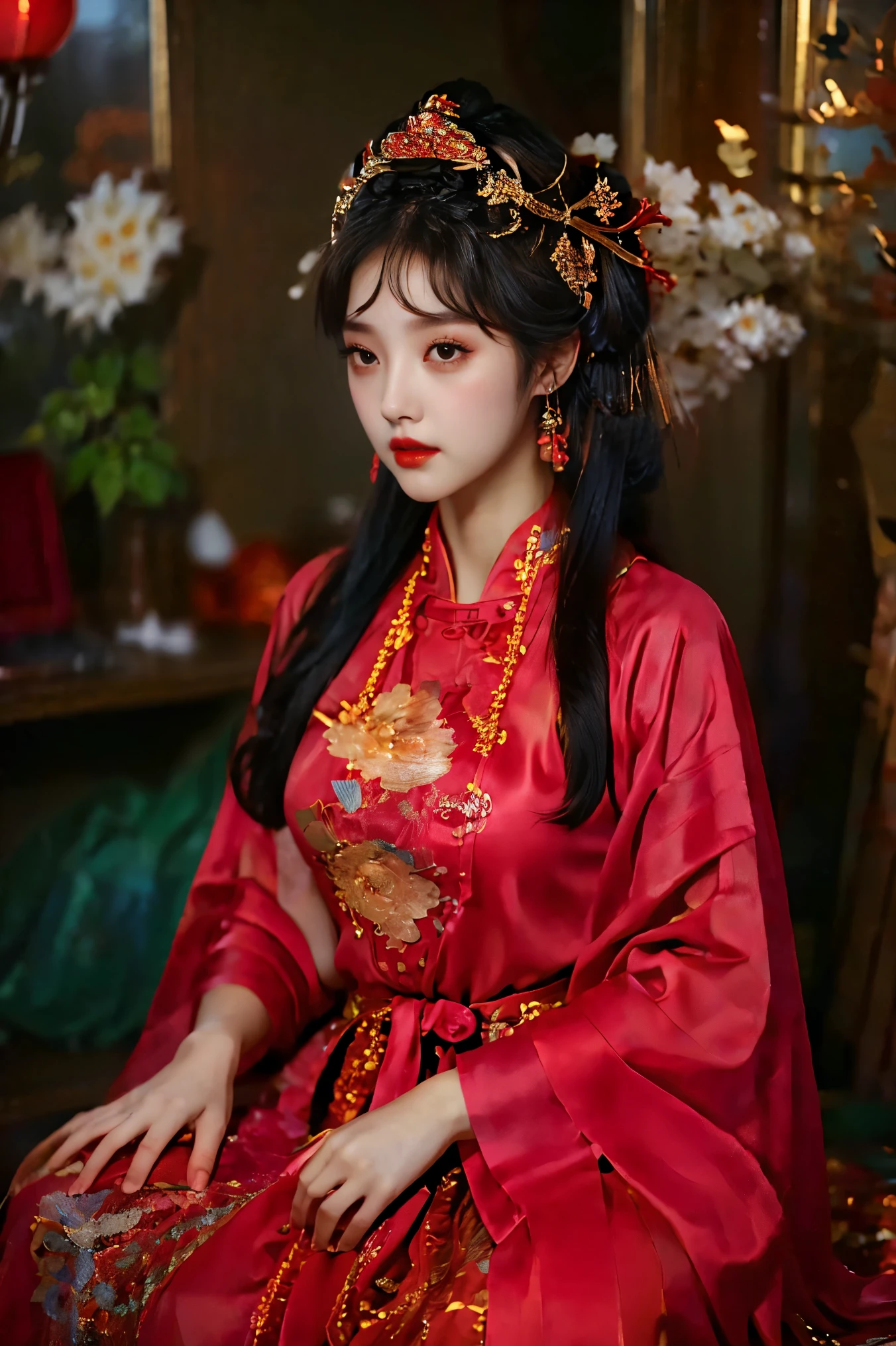 1girl，20 years old，center，Black long hair，Red lips，Perfect thighs，Chinese Queen，Gold embroidery clothing，Red cheongsam，Lace，Red cape，(Look into the camera:1.5)，stand up，night，Wooden pavilion，Chinese Palace，Front view，curls，Hair flying，Gloomy sky, beautiful right eye pupil，(Very delicate and beautiful Korean female facial features)，(Beautiful and detailed description of eyes) ，masterpiece，High detail CG Unity 8k wallpaper，Best picture quality，Movie Lighting，Detailed background