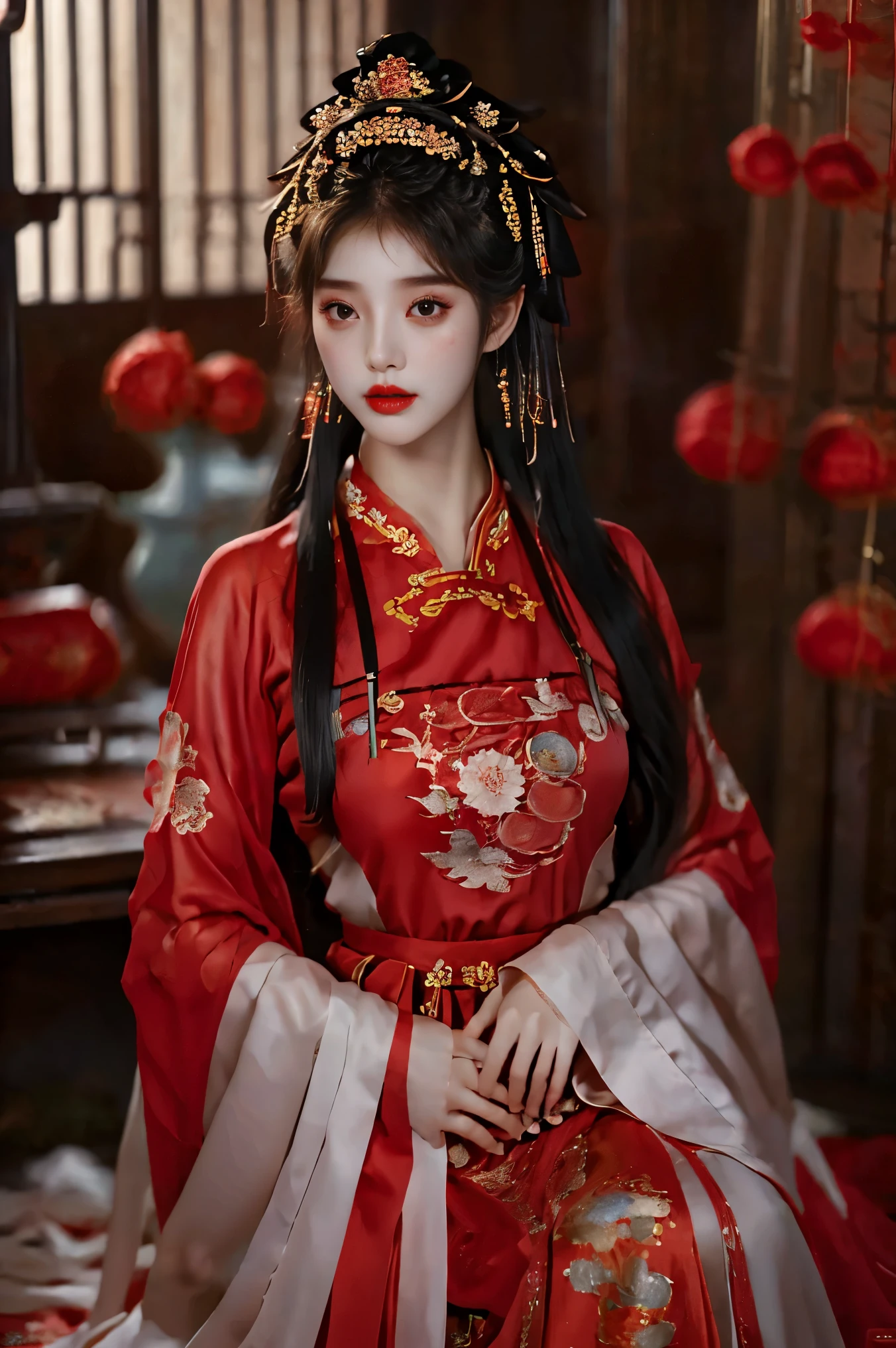 1girl, 20 years old, center, Black long hair, Red lips, Perfect thighs, Chinese Queen, Gold embroidery clothing, Red cheongsam, Lace, Red cape, Red embroidered shoes, (Look into the camera:1.5), stand up, night, Wooden pavilion, Chinese Palace, Front view, curls, Hair flying, Gloomy sky, beautiful right eye pupil, (Very delicate and beautiful Korean female facial features:1.3), (Beautiful and detailed description of eyes), Best picture quality, Movie Lighting, Detailed background, Surrealism, rococo style, Art Deco, dutch angle, masterpiece, UHD, masterpiece, ccurate, anatomically correct, textured skin, super detail, high details, award winning, best quality, 8k, gufeng