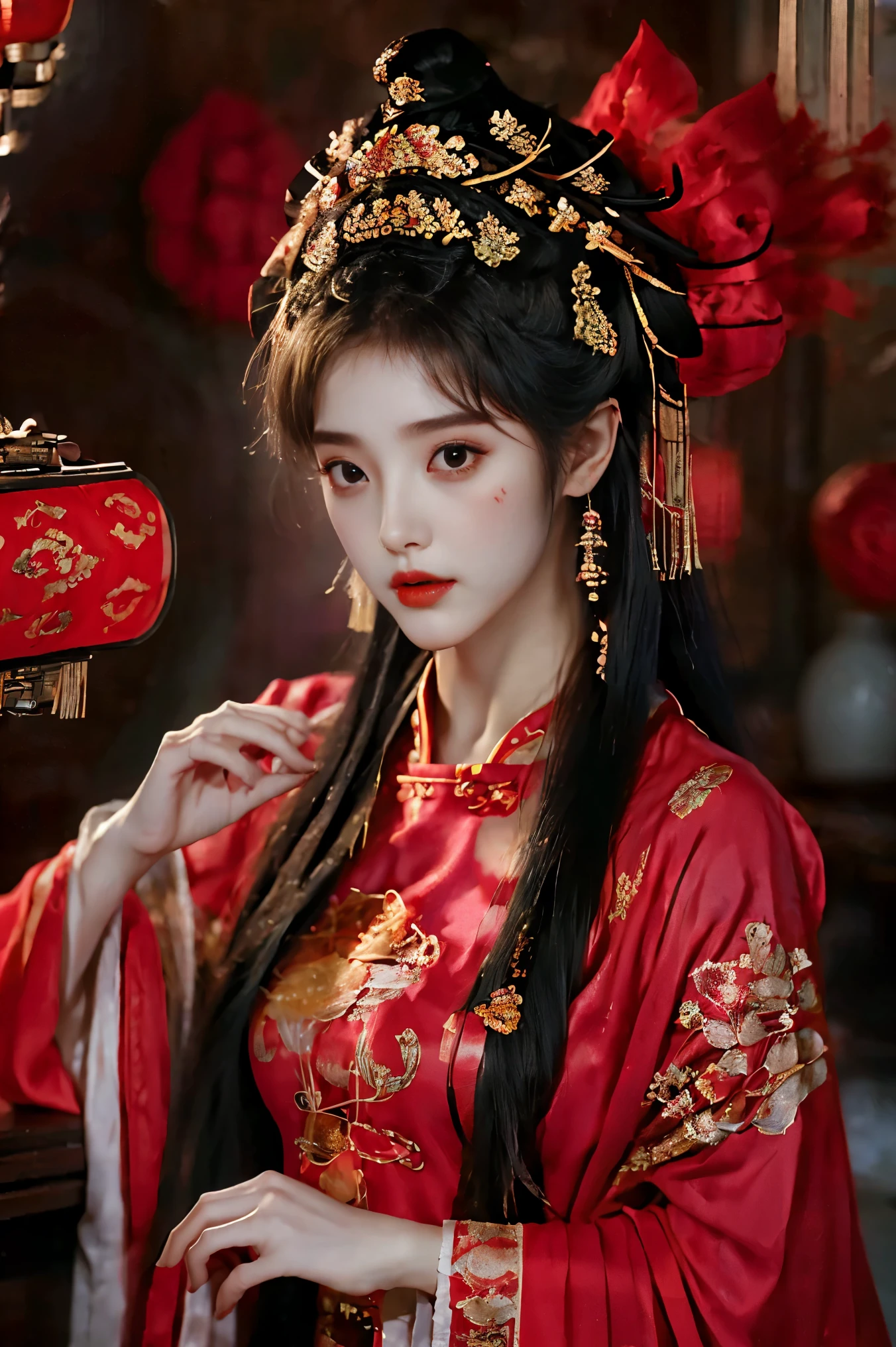 1girl, 20 years old, center, Black long hair, Red lips, Perfect thighs, Chinese Queen, Gold embroidery clothing, Red cheongsam, Lace, Red cape, Red embroidered shoes, (Look into the camera:1.5), stand up, night, Wooden pavilion, Chinese Palace, Front view, curls, Hair flying, Gloomy sky, beautiful right eye pupil, (Very delicate and beautiful Korean female facial features:1.3), (Beautiful and detailed description of eyes), Best picture quality, Movie Lighting, Detailed background, Surrealism, rococo style, Art Deco, dutch angle, masterpiece, UHD, masterpiece, ccurate, anatomically correct, textured skin, super detail, high details, award winning, best quality, 8k, gufeng